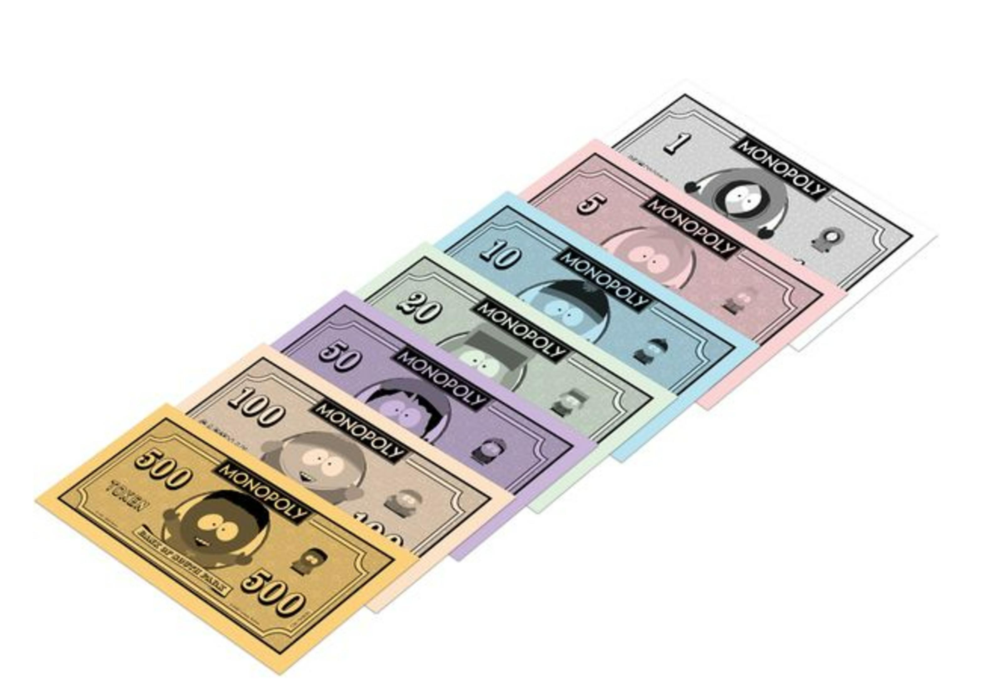 Monopoly-Scheine mit South Park-Charakteren in verschiedenen Farben und Werten.
