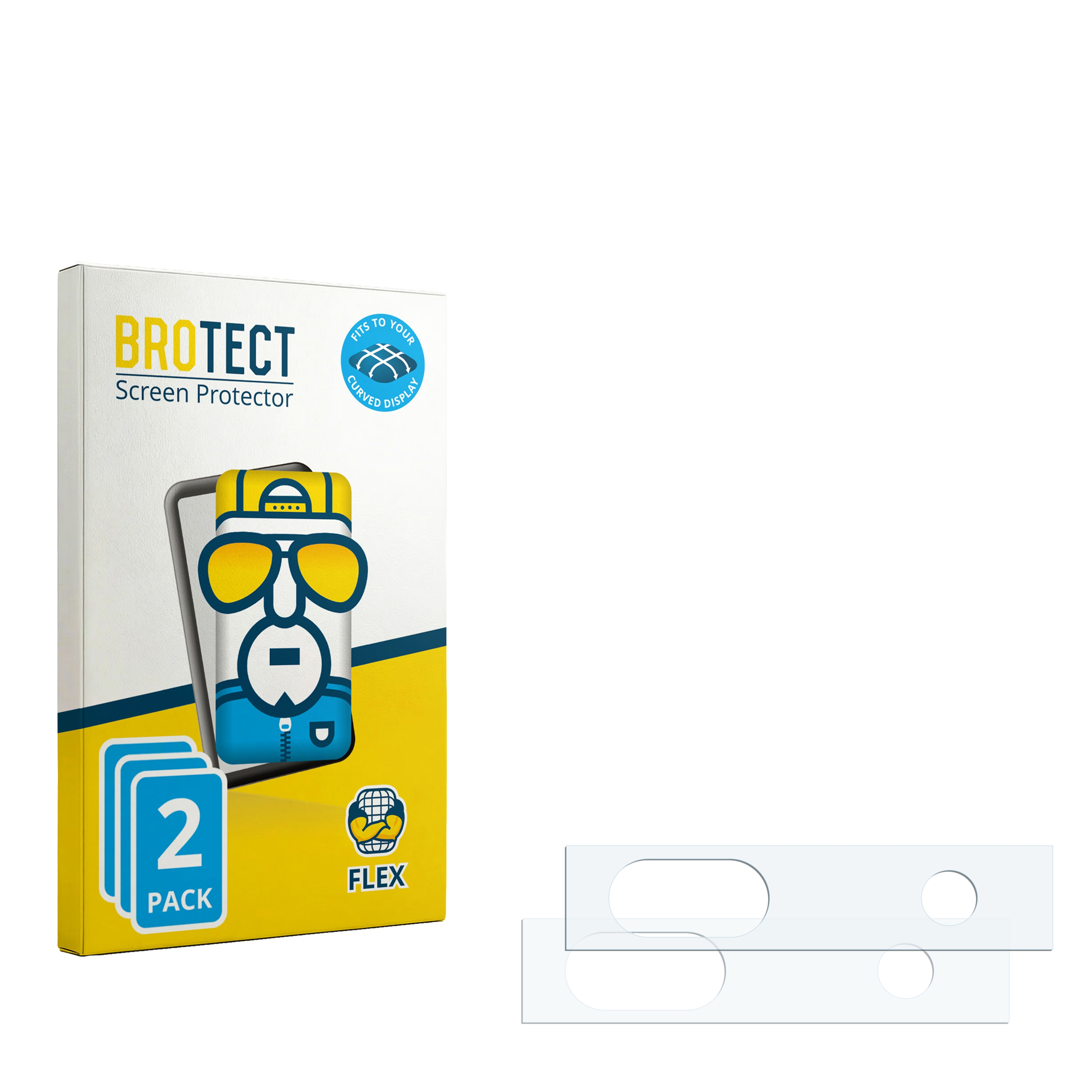 Verpackung für 2 Displayschutzfolien mit Comic-Figur und Logo.