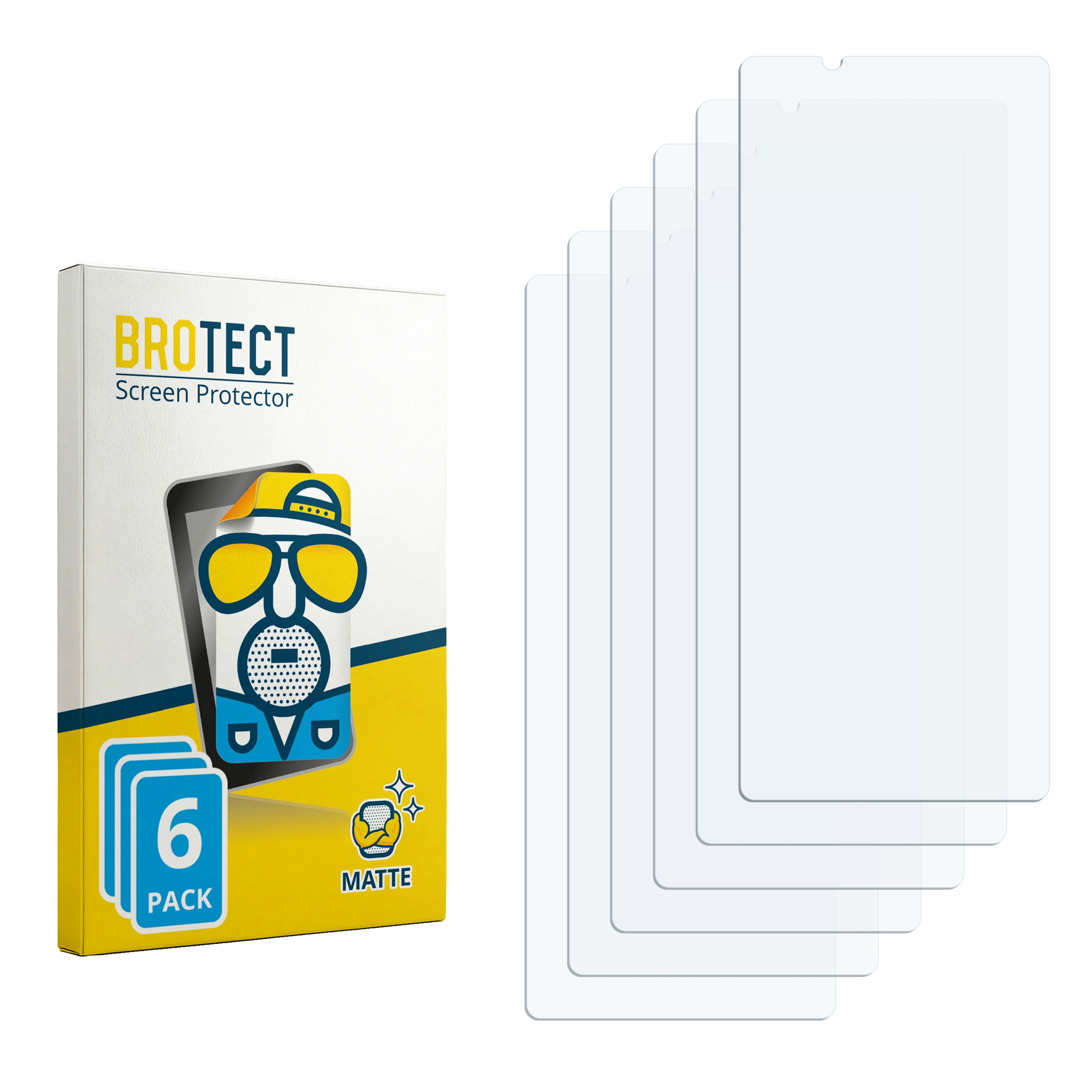 Eine Packung mit 6 matten Displayschutzfolien und einer Abbildung eines Cartoon-Kopfes mit Brille.