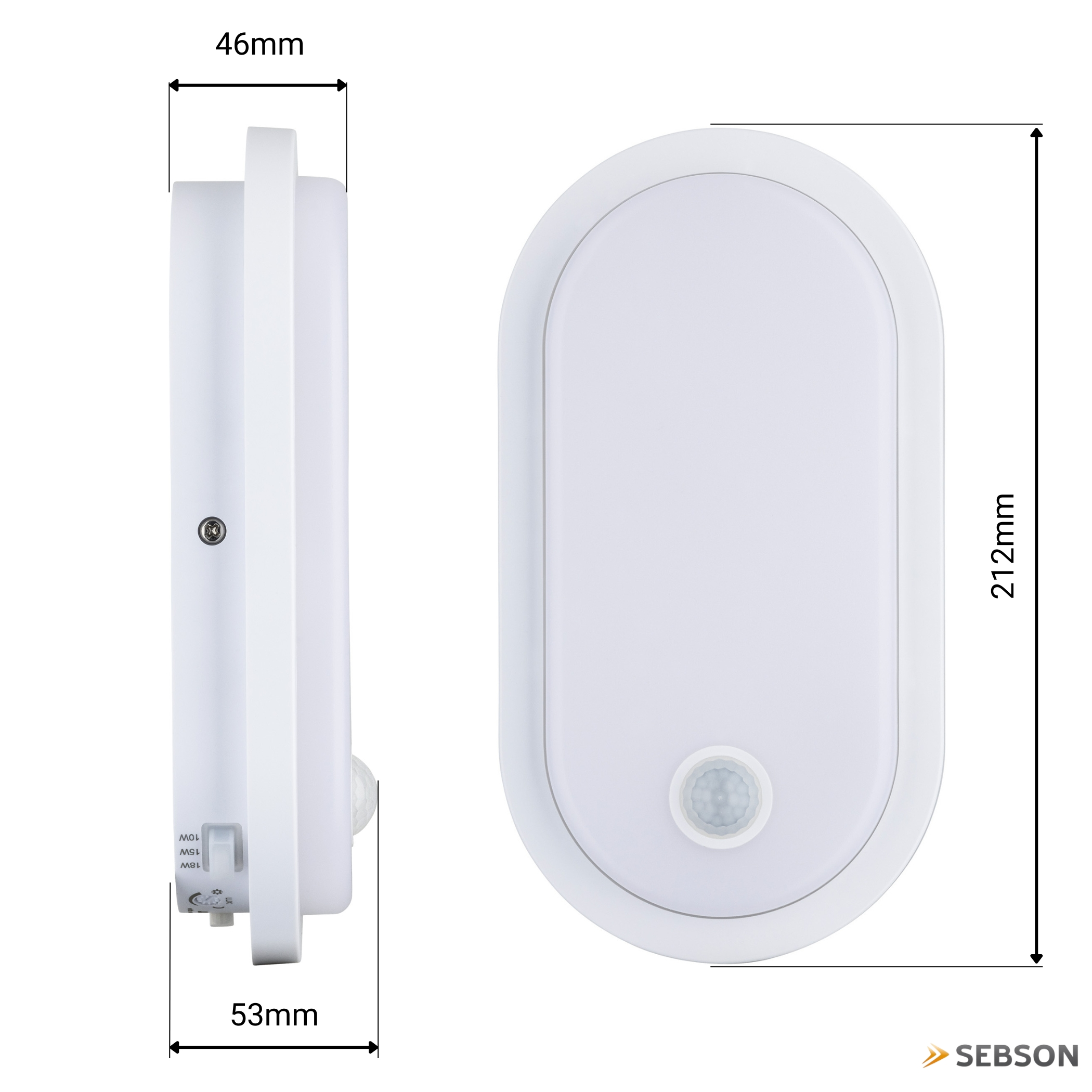 Weiße ovalen Lampe mit Bewegungsmelder, Maße 212x53x46mm.
