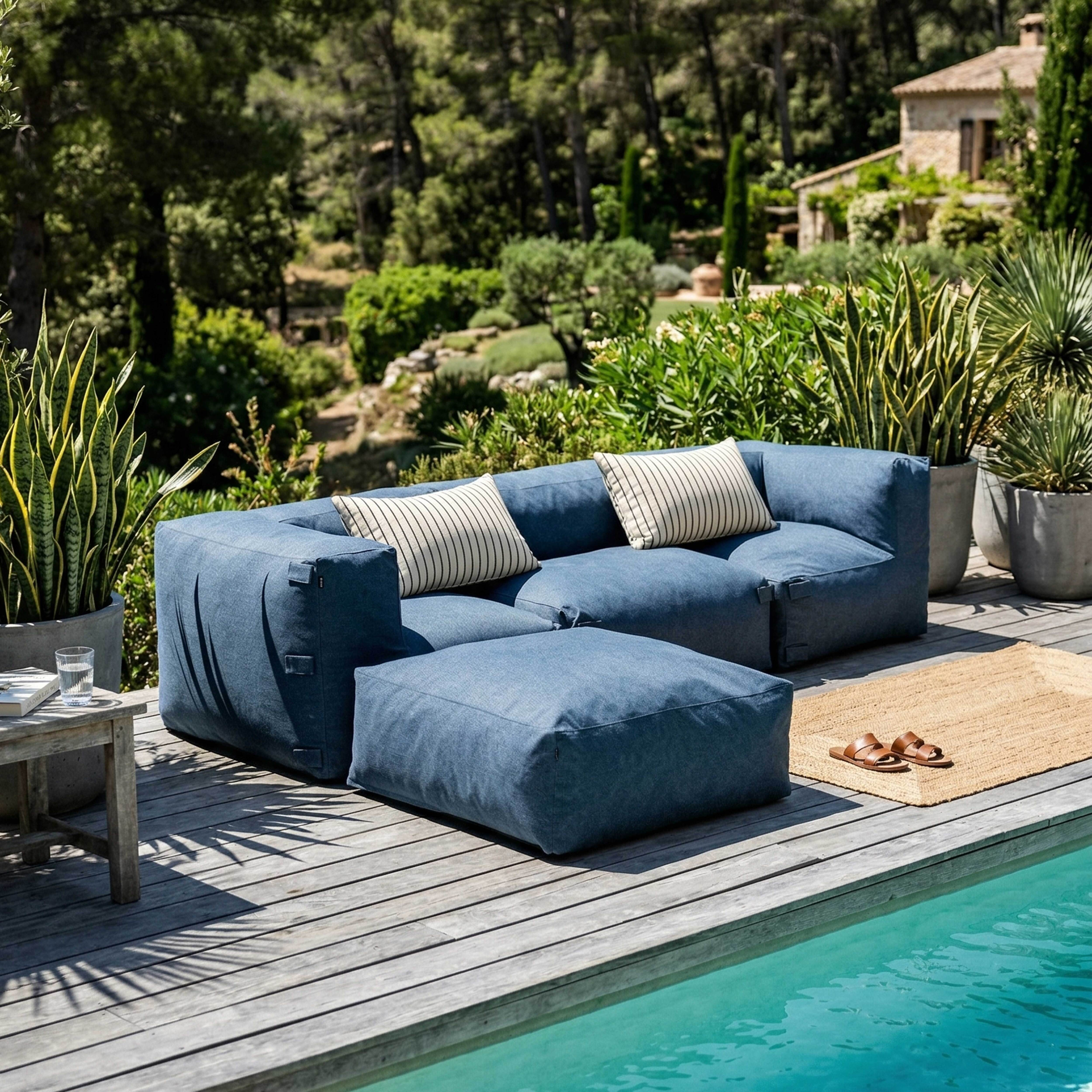 Ein blaues Lounge-Sofa mit Kissen und Hocker steht auf einer Holzterrasse am Pool.