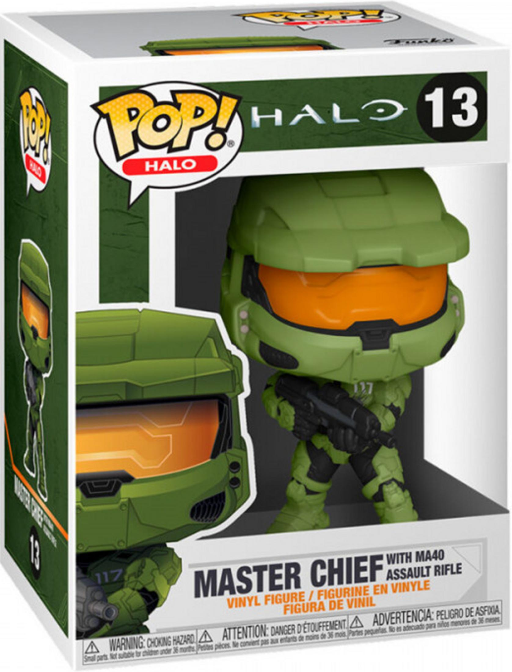 Funko Pop! Master Chief-Figur in grüner Rüstung mit Gewehr, in der Verpackung.