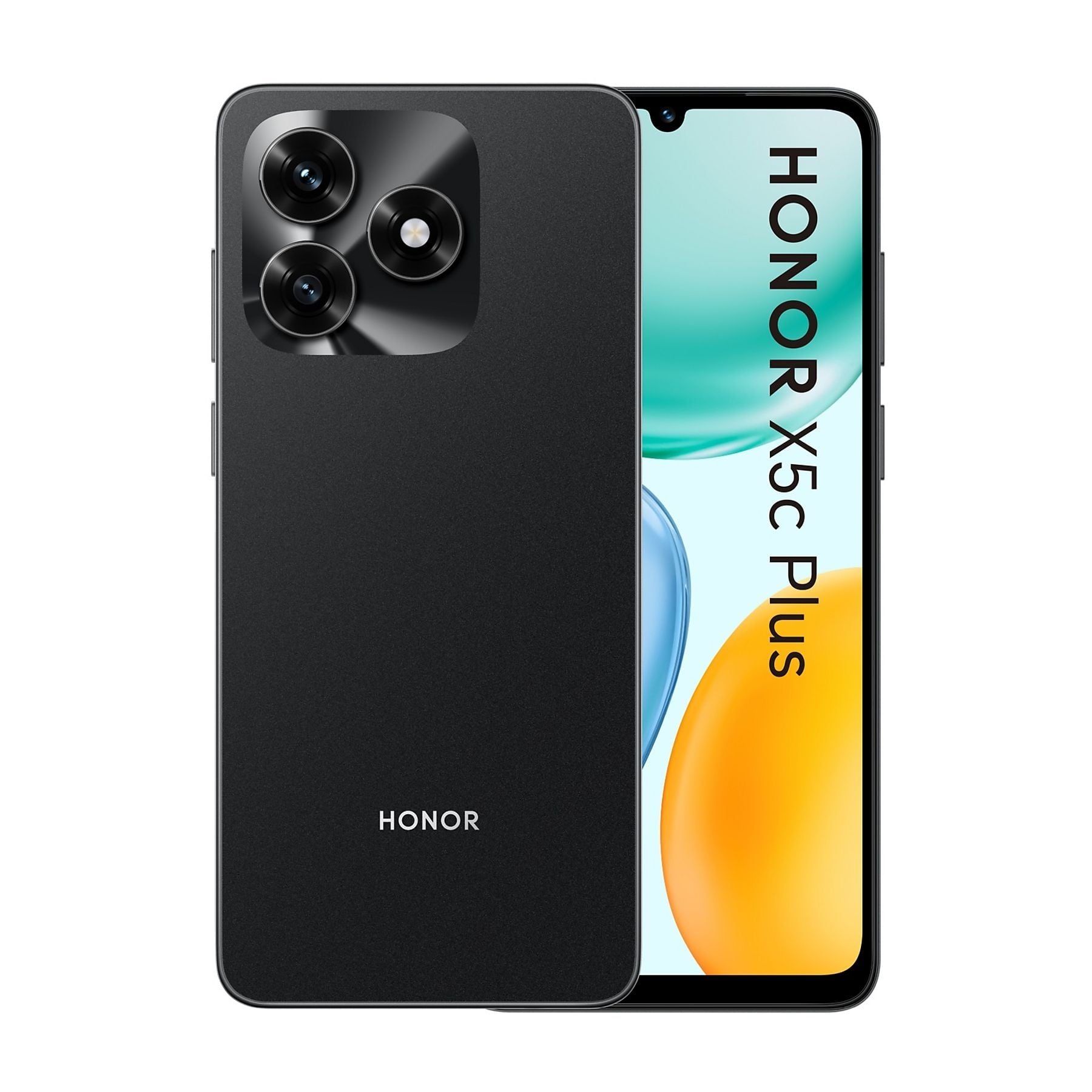 Smartphone nero Honor X5c Plus con tripla fotocamera posteriore.