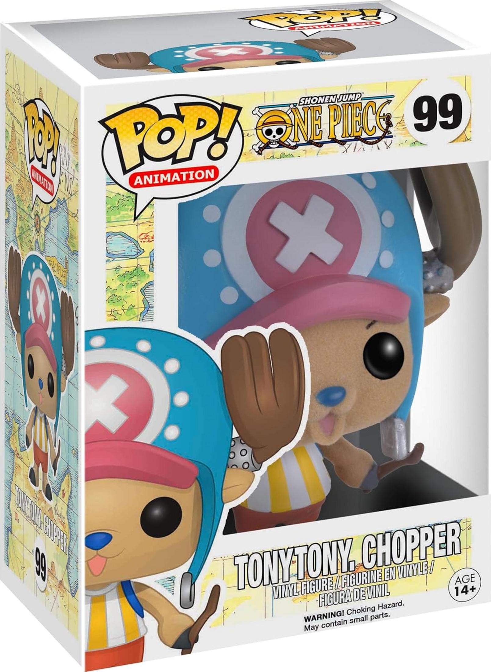 Funko Pop! Tony Tony Chopper Vinylfigur. Blauer Hut mit Kreuz. Gelb-weiße Streifen.