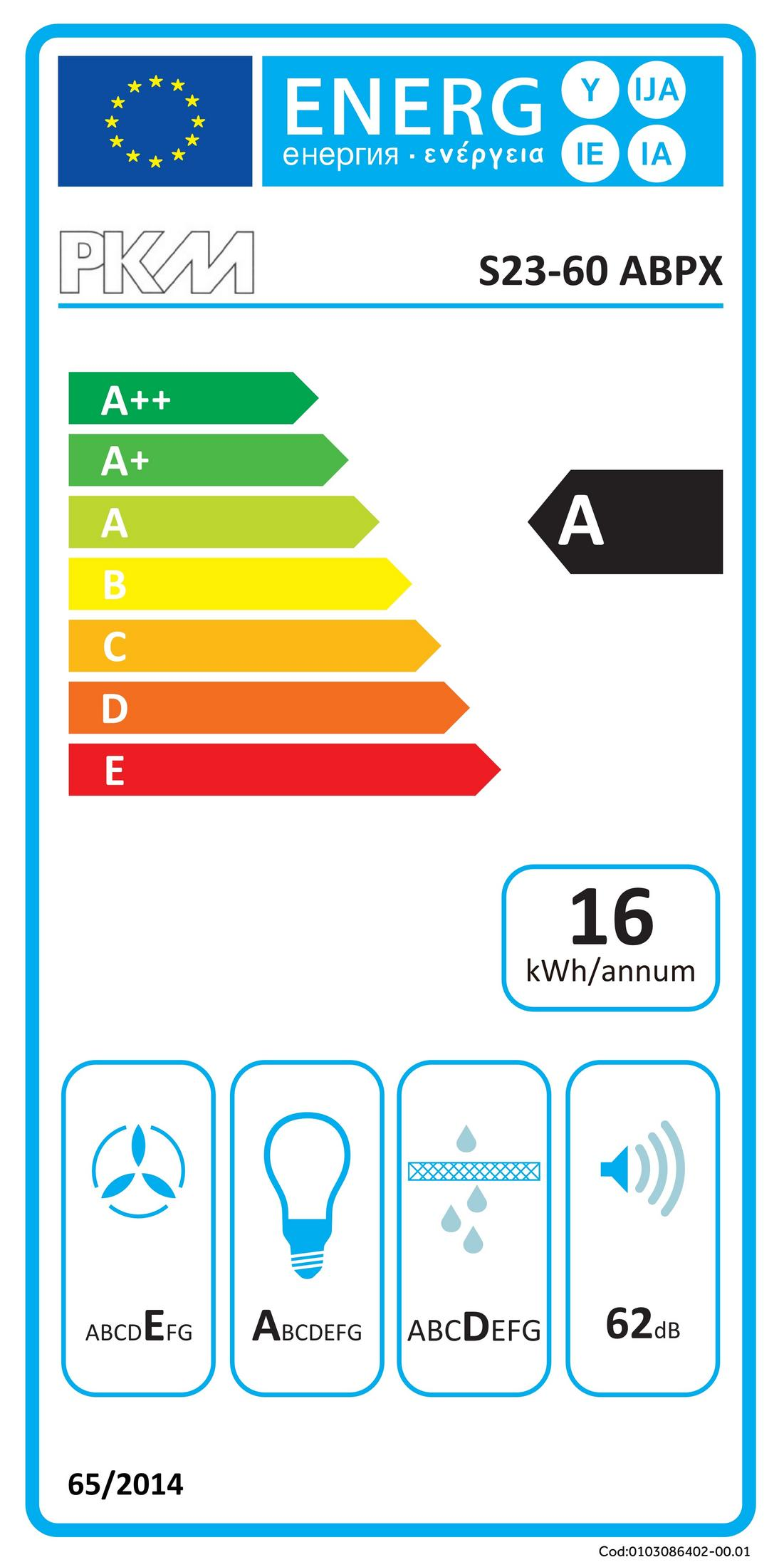Energielabel mit Energieeffizienzklasse A, 16 kWh/annum, Geräuschpegel 62 dB.