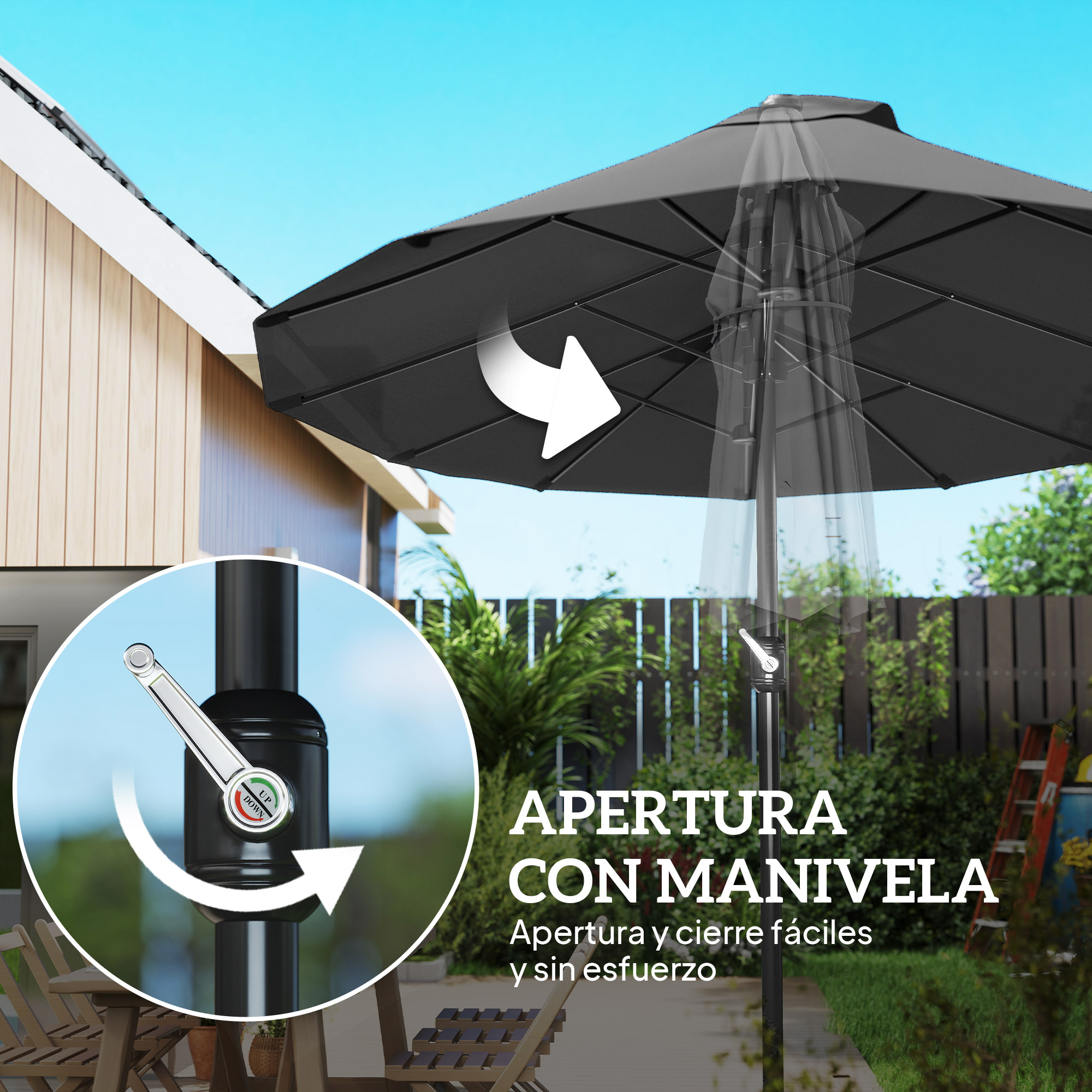 Un parasol negro se abre con una manivela. Primer plano del mecanismo de manivela.