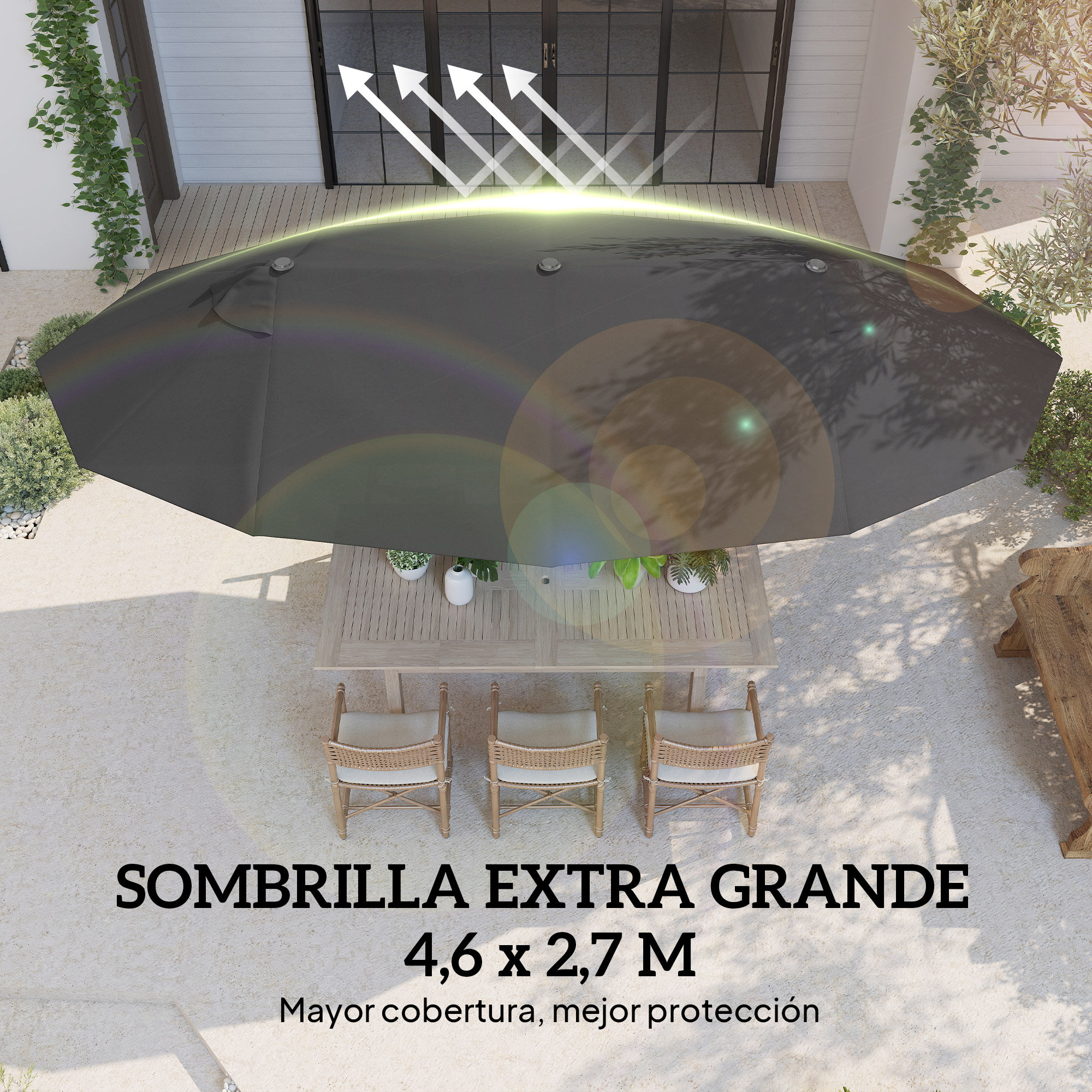 Un parasol oscuro sobre una mesa de madera exterior con sillas.