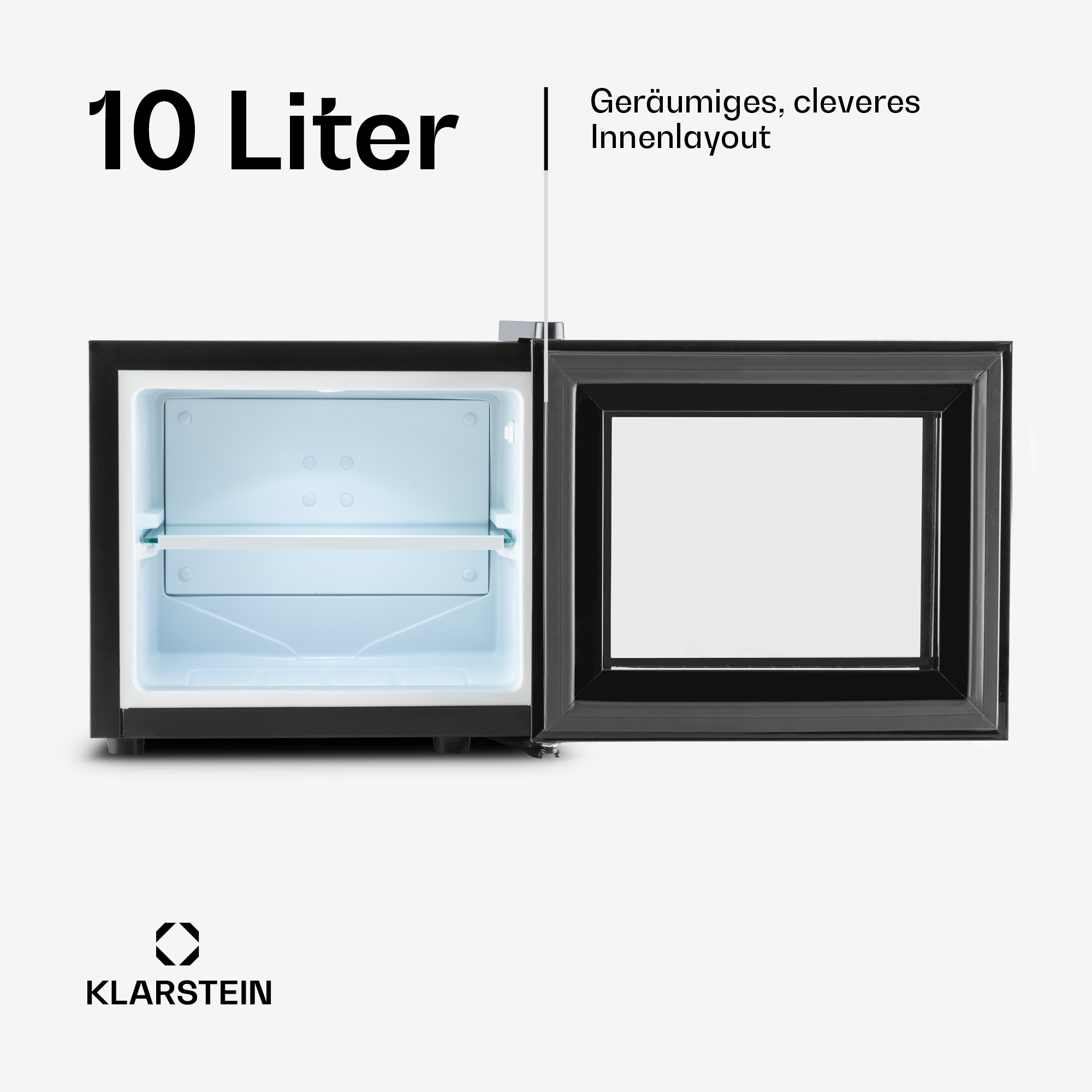 Un mini frigo nero con porta aperta, capacità 10 litri.