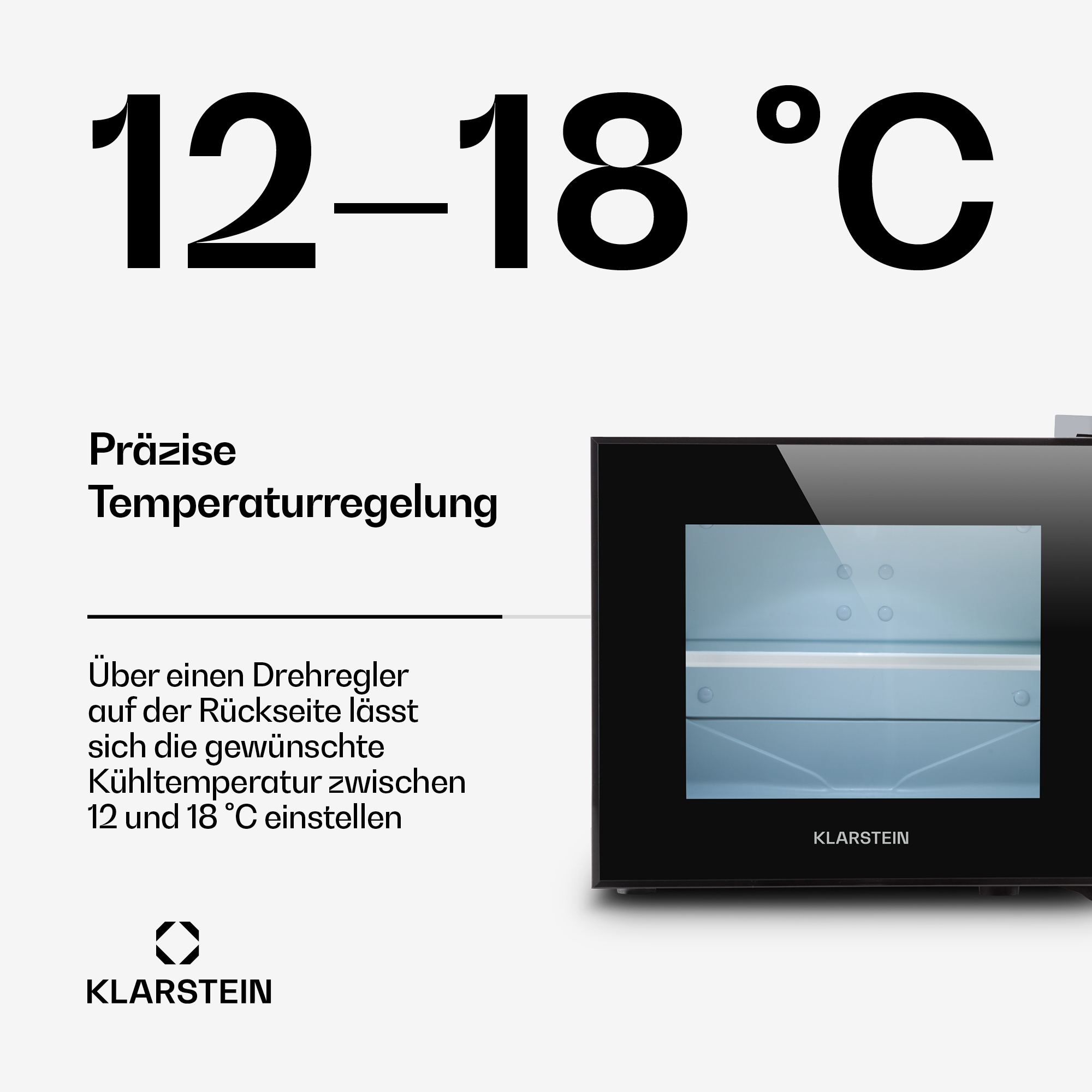 Aparato Klarstein con pantalla de temperatura 12-18°C y texto.