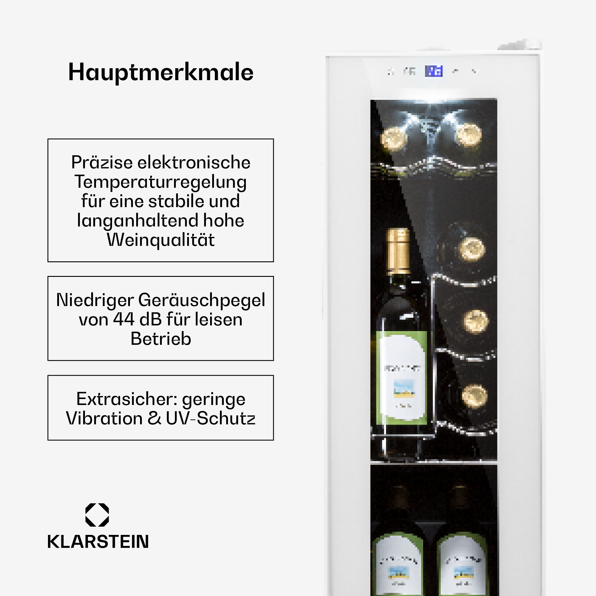Weinkühler mit präziser Temperaturregelung, geringem Rauschen und UV-Schutz. Flaschen innen.