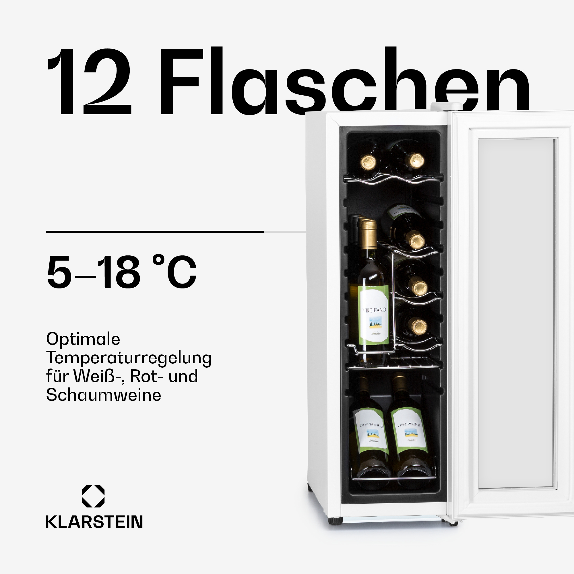 Ein weißer Weinkühlschrank mit 12 Flaschen, 5-18°C, Klarstein-Logo.