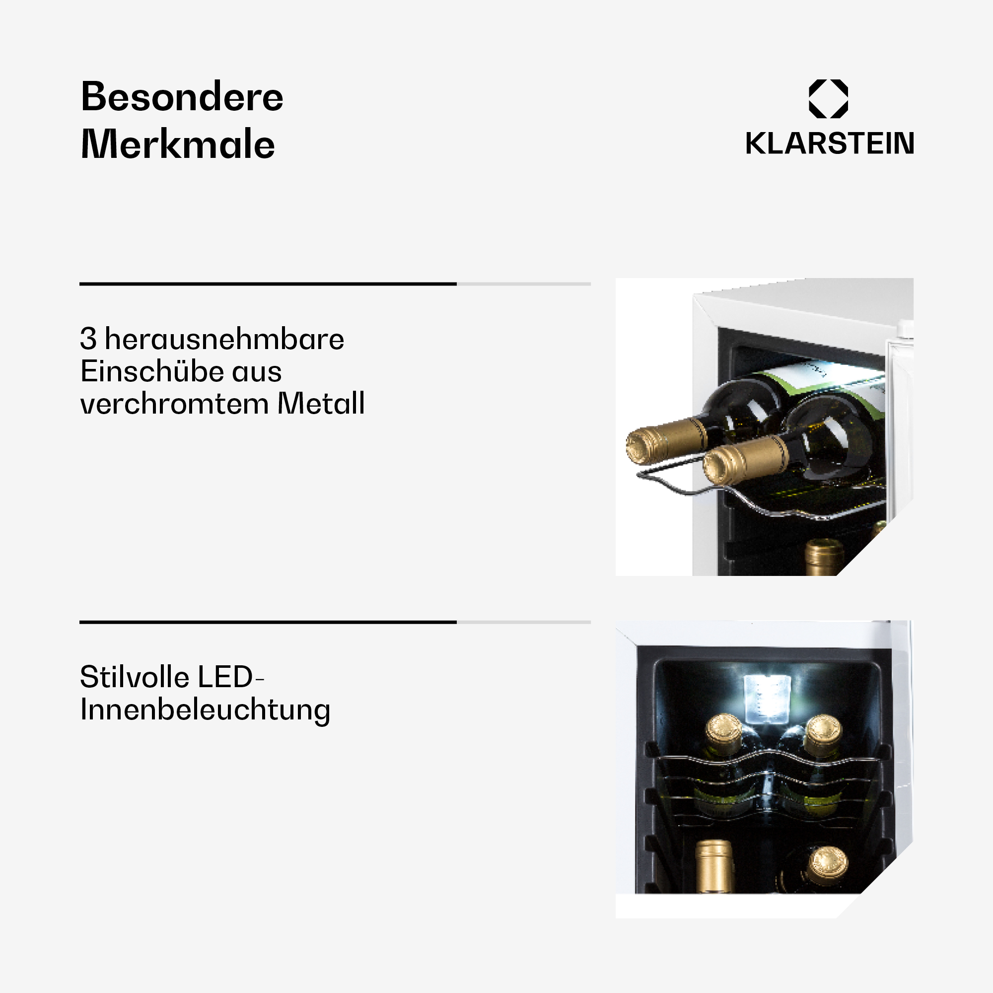 Klarstein Weinkühler mit 3 herausnehmbaren Chrom-Einschüben und LED-Beleuchtung.