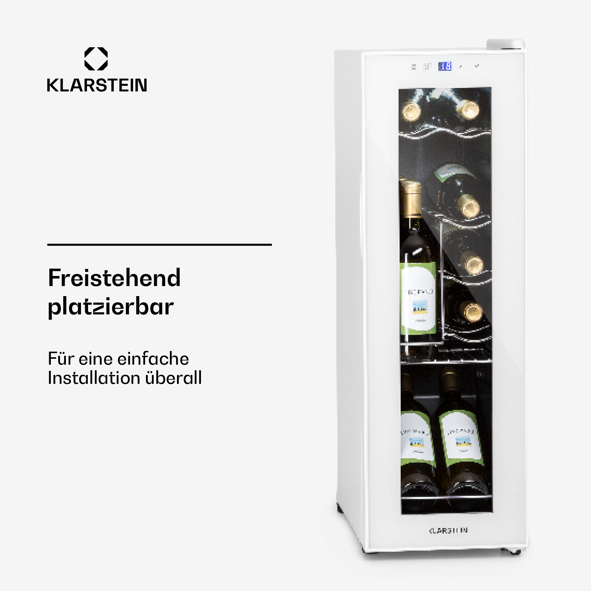 Ein weißer Klarstein Weinkühler mit Glastür zeigt 6 Weinflaschen.