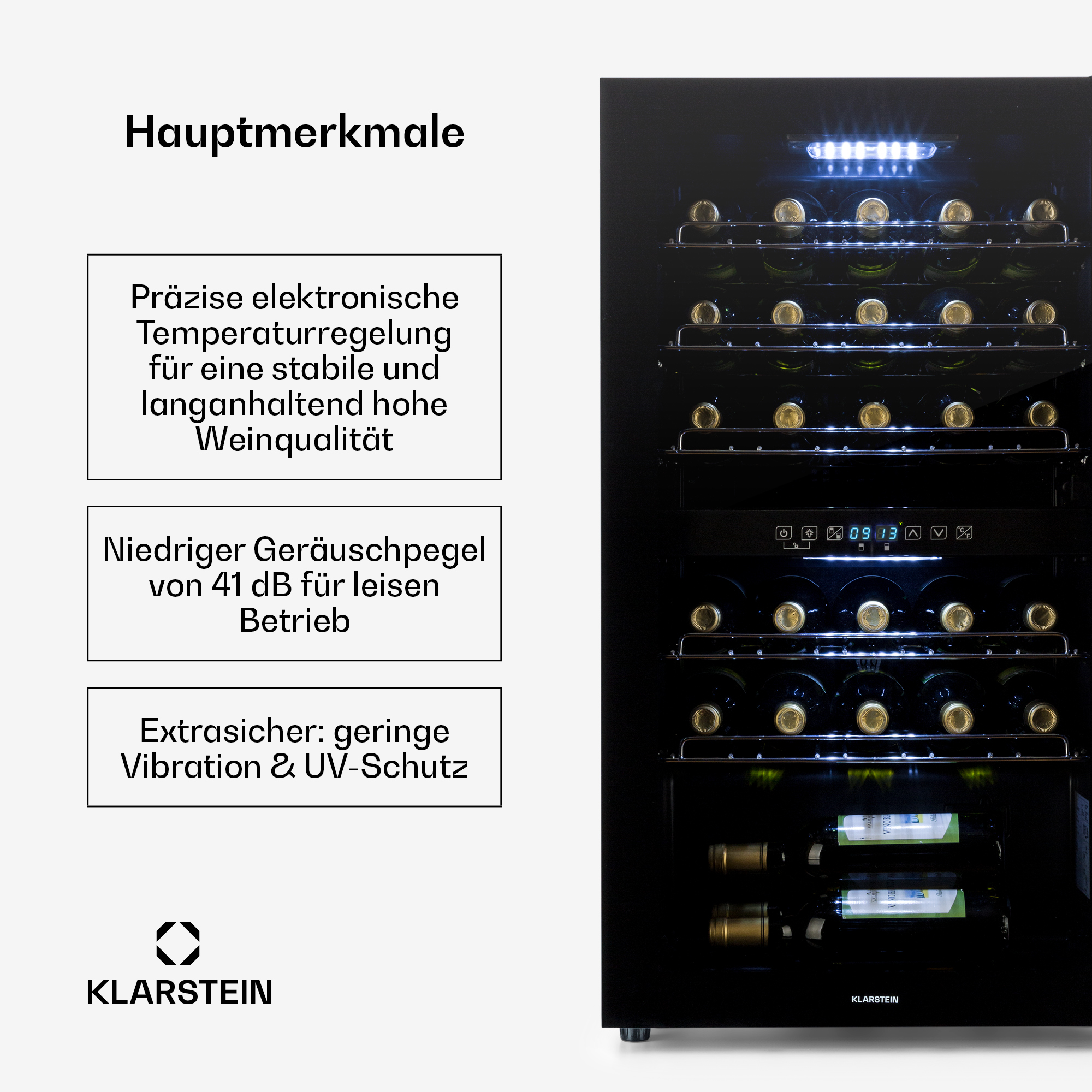 Ein moderner schwarzer Weinkühlschrank mit mehreren Regalen, gefüllt mit Weinflaschen.