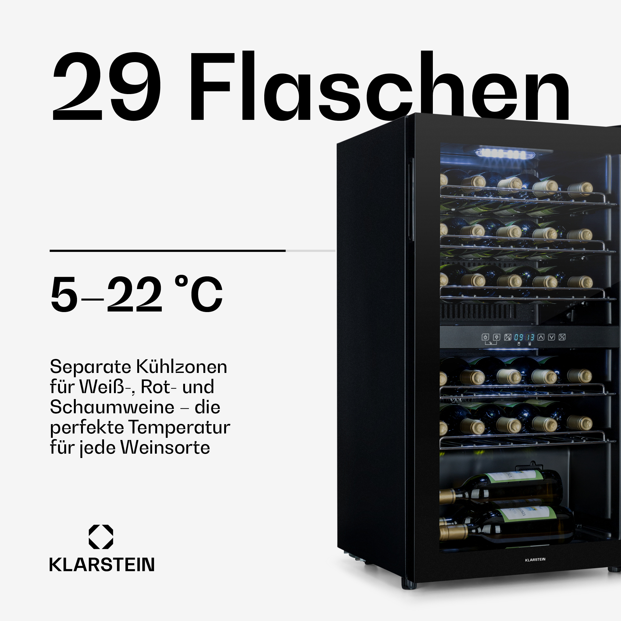 Ein schwarzer Weinkühlschrank mit 29 Flaschen und einer Temperatur von 5-22°C.