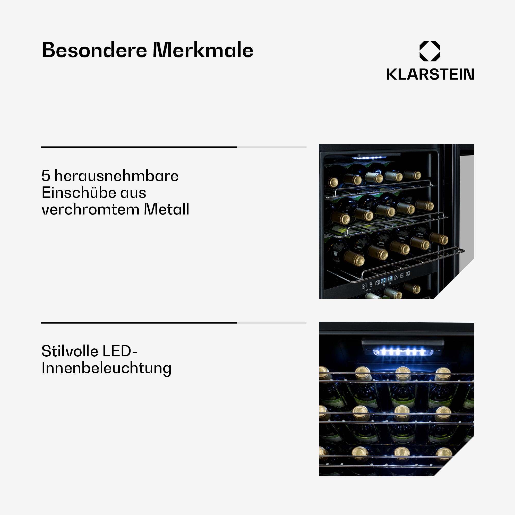 Klarstein Weinkühler mit 5 Einlegeböden und LED-Beleuchtung, gefüllt mit Weinflaschen.