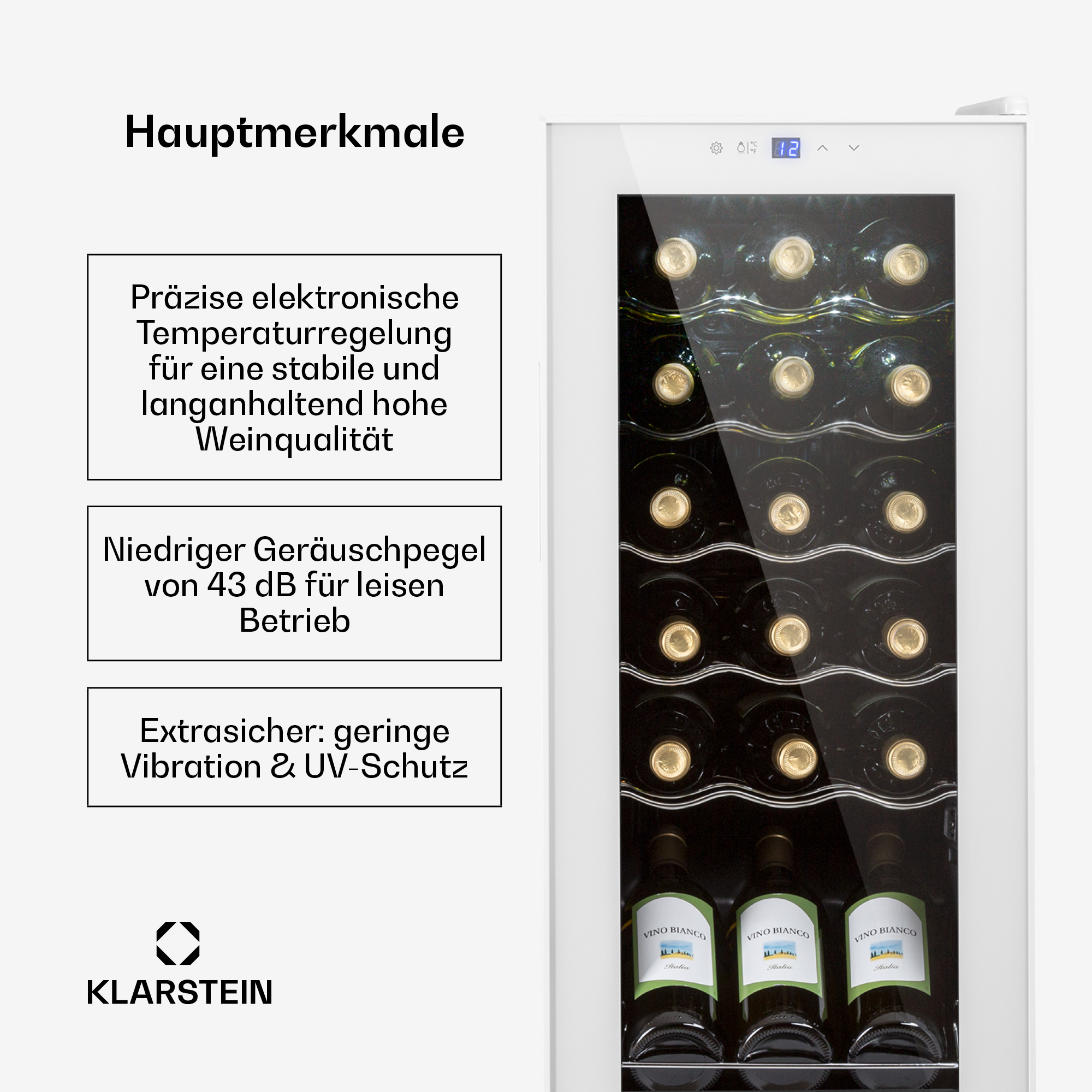 Frigorifero per vino con porta in vetro, mostra bottiglie e testo.