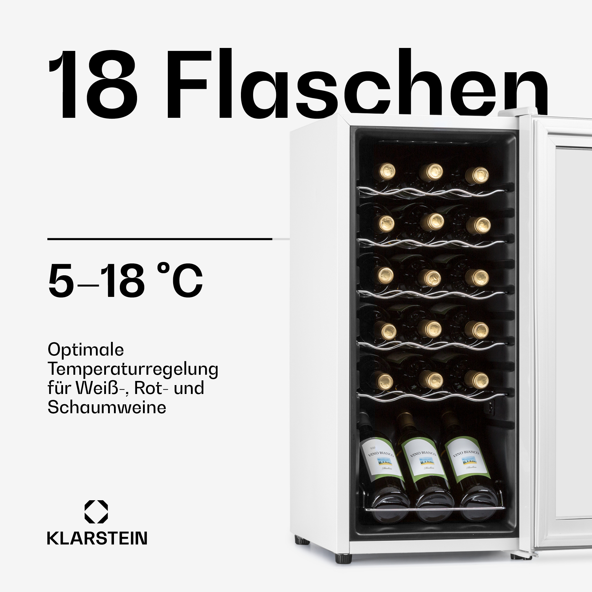 Un frigorifero per vino Klarstein per 18 bottiglie a 5-18°C.