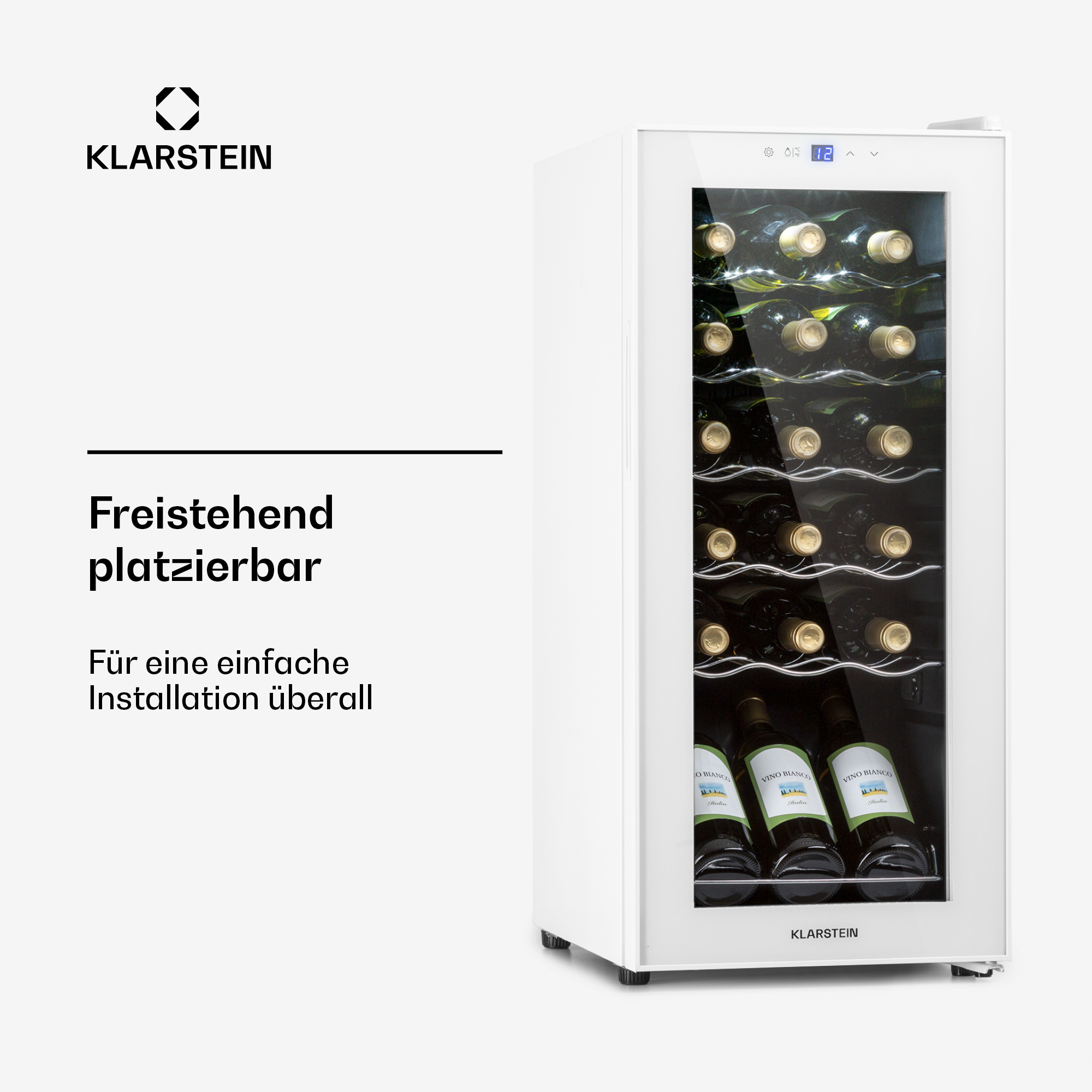 Un frigorifero per vino Klarstein bianco con porta in vetro, pieno di bottiglie.