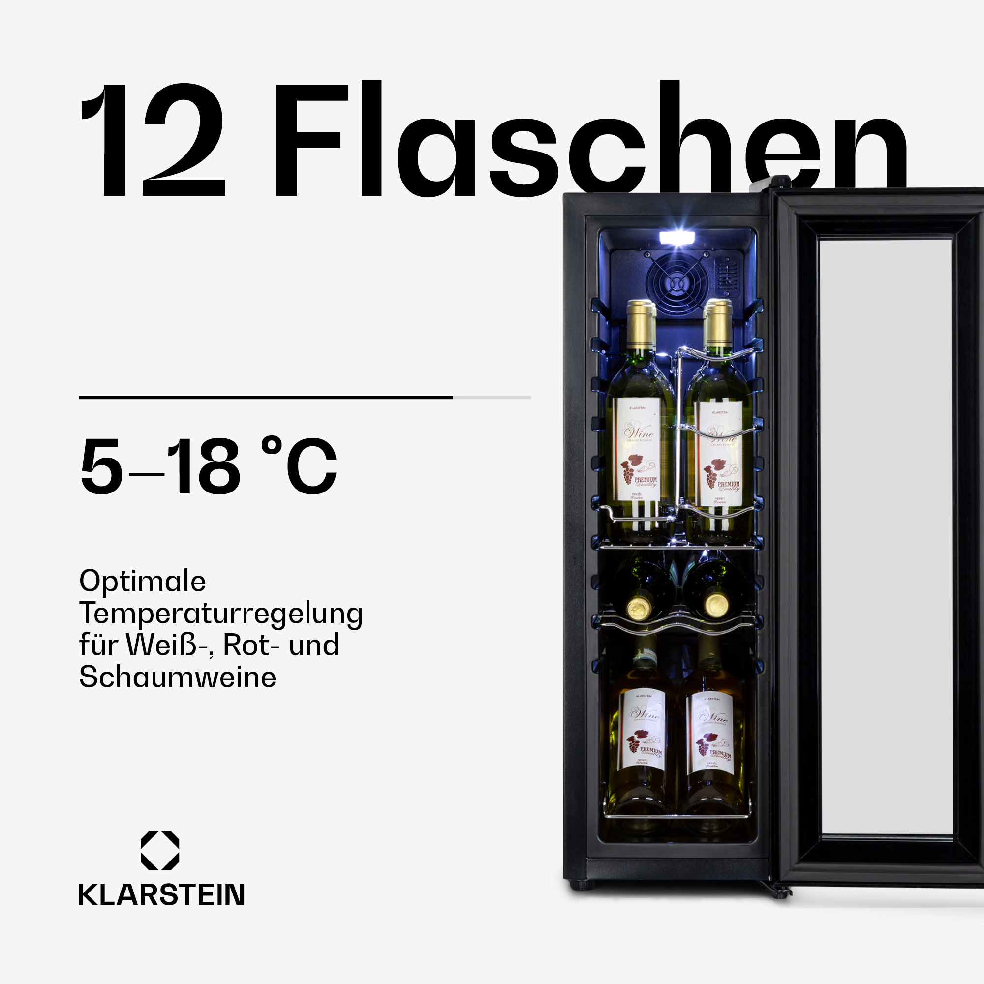 Cantinetta Klarstein per 12 bottiglie, temperatura 5-18°C.