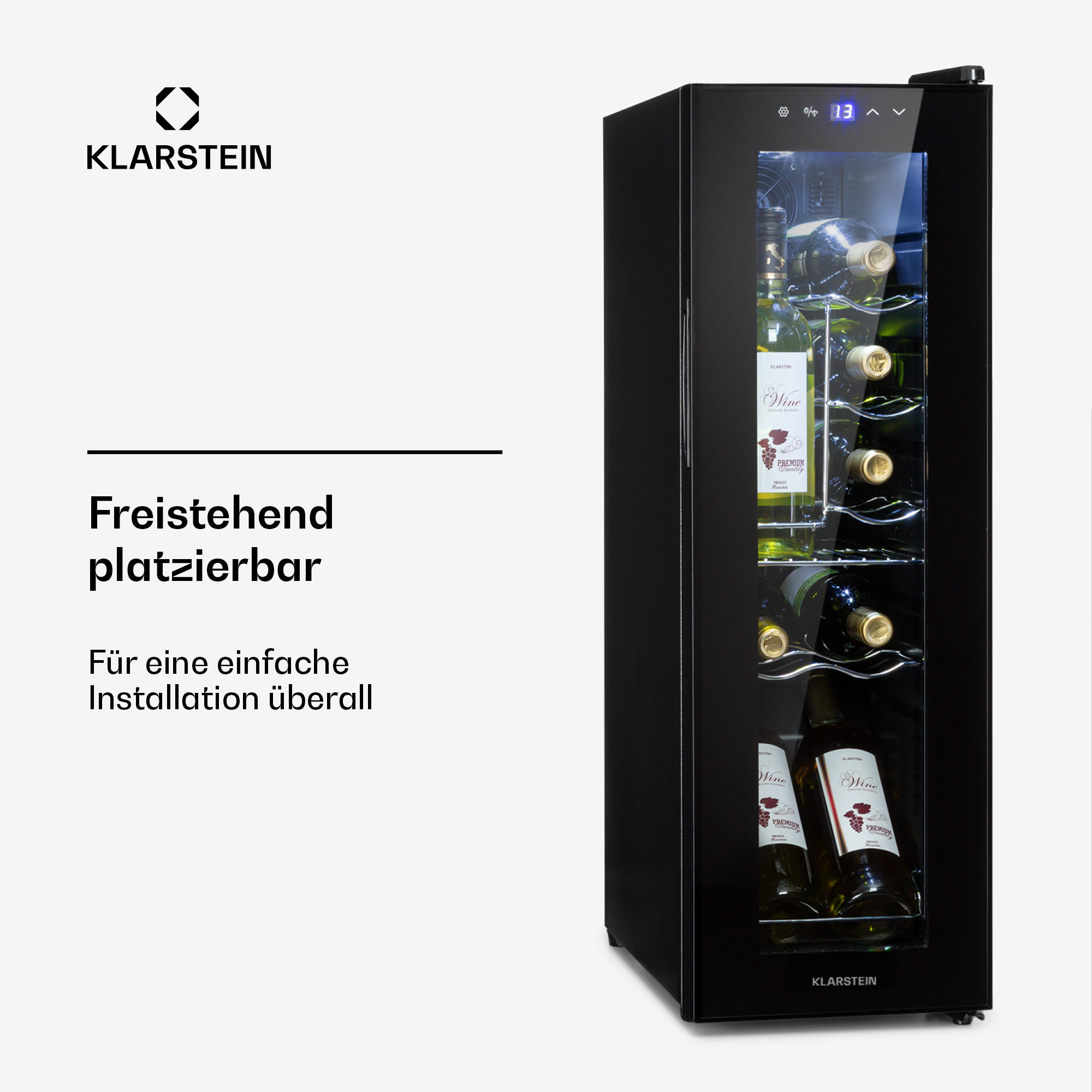 Frigorifero per vino nero con porta in vetro, riempito con bottiglie di vino. Testo a sinistra.