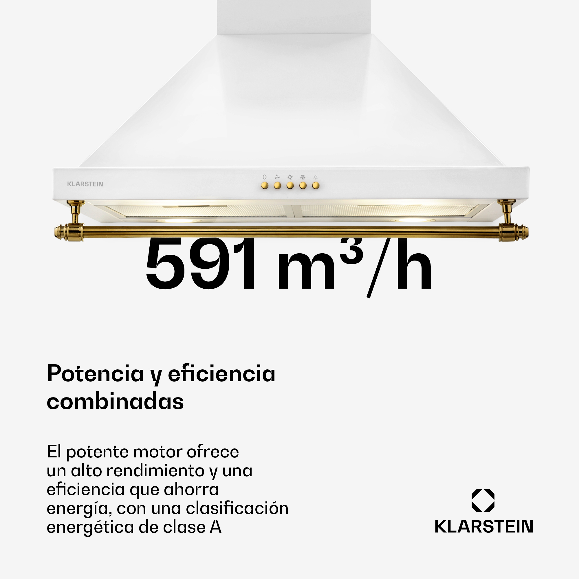 Cappa Klarstein bianca con 591 m³/h di potenza e barra dorata.