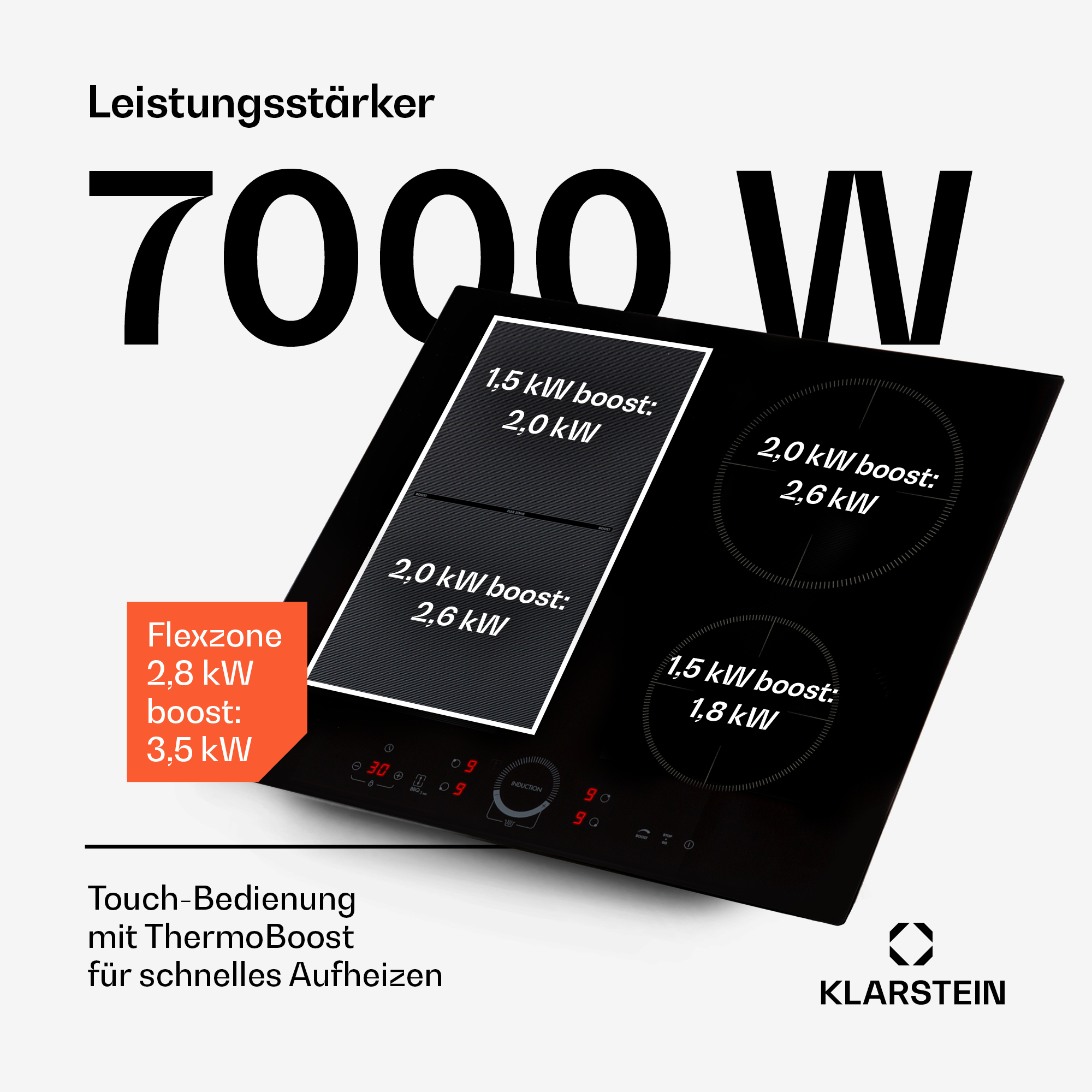 Induktionskochfeld mit 7000W Leistung, Flexzone und Touch-Bedienung.