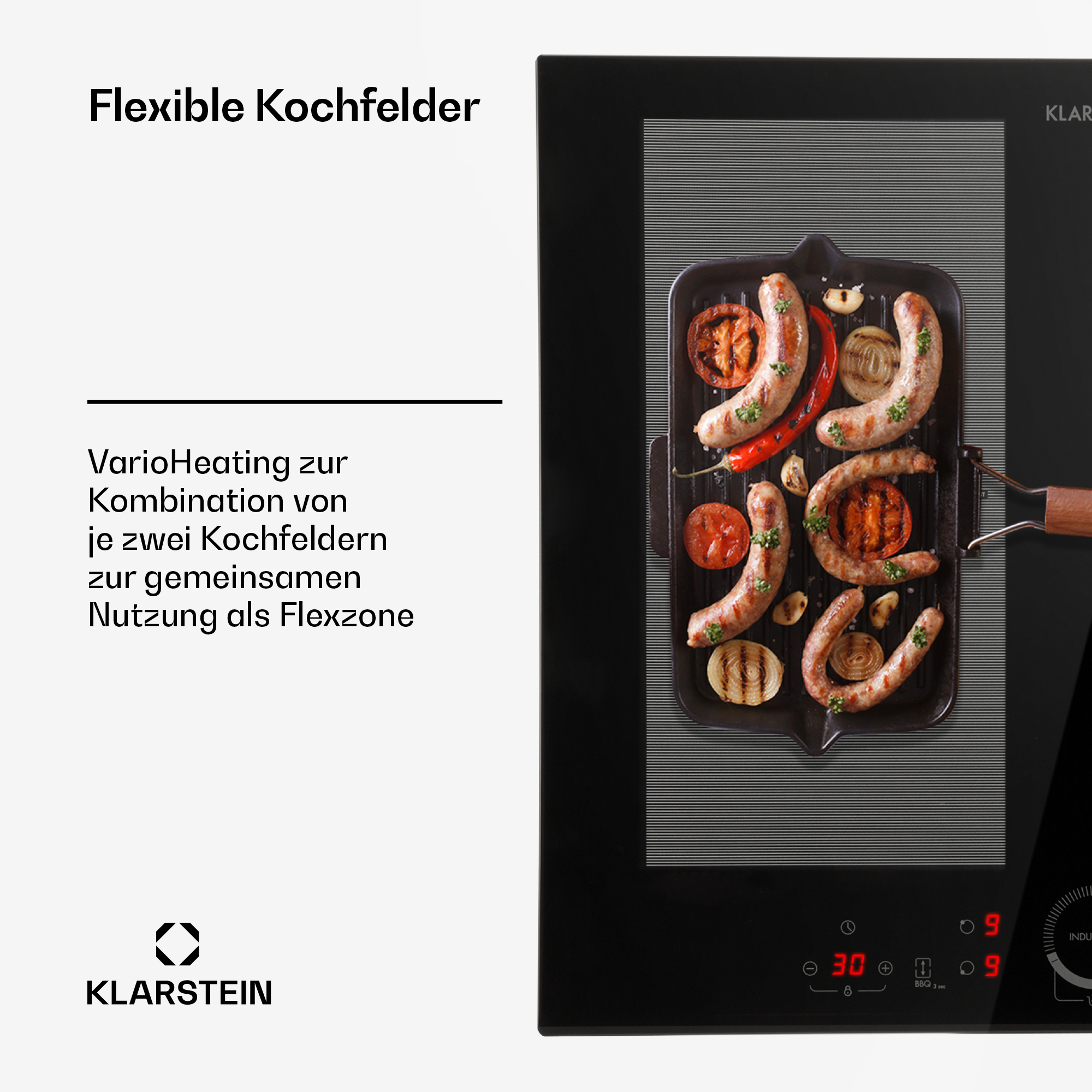 Kochfeld mit Würstchen, Tomaten und Zwiebeln. Ein Klarstein Kochfeld.