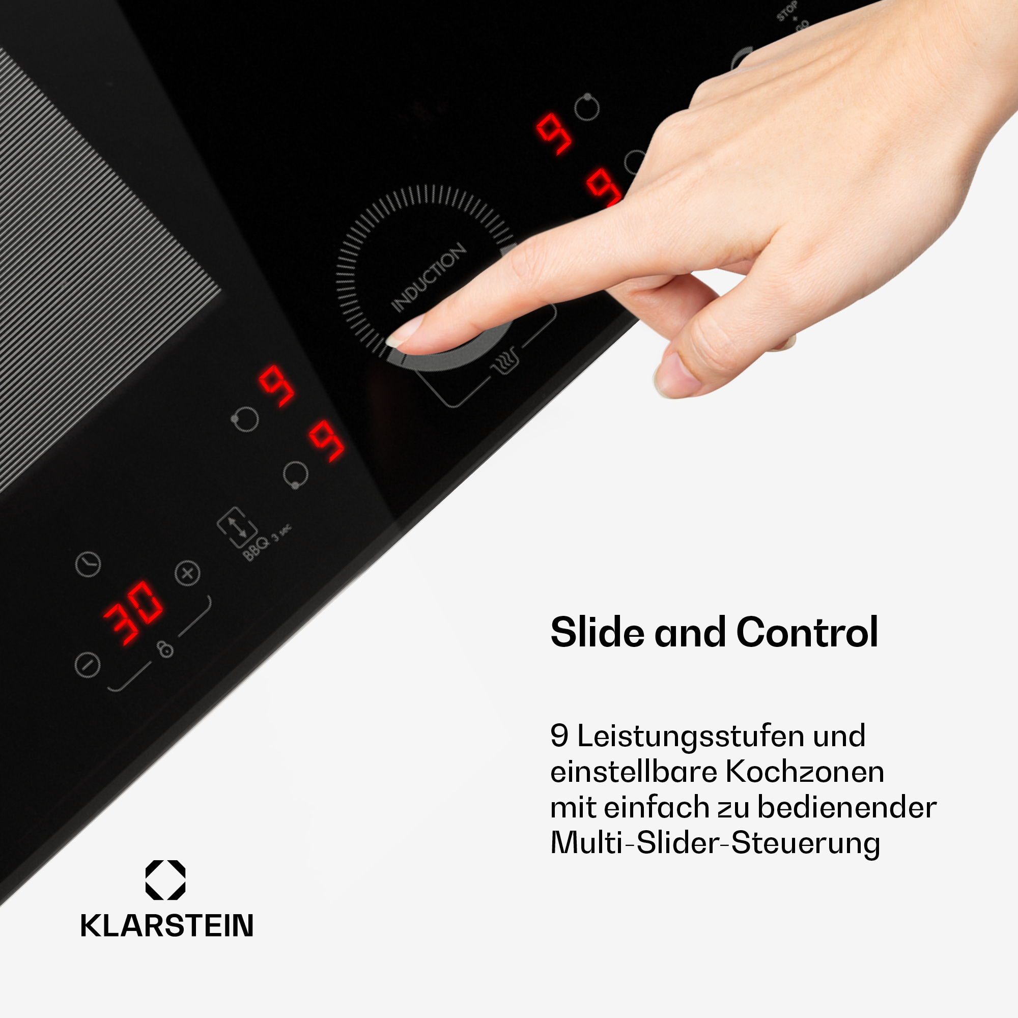 Eine Hand bedient ein Induktionskochfeld mit digitaler Anzeige und Slider.