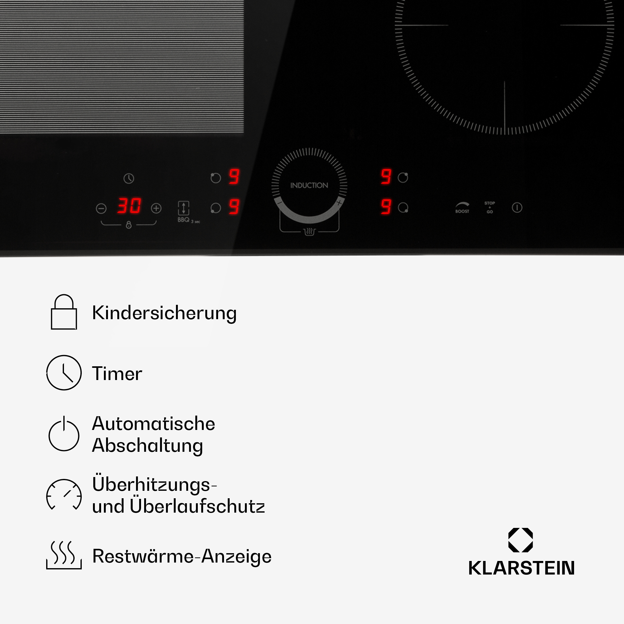 Ein schwarzes Kochfeld mit digitalen Anzeigen und Symbolen für Funktionen.