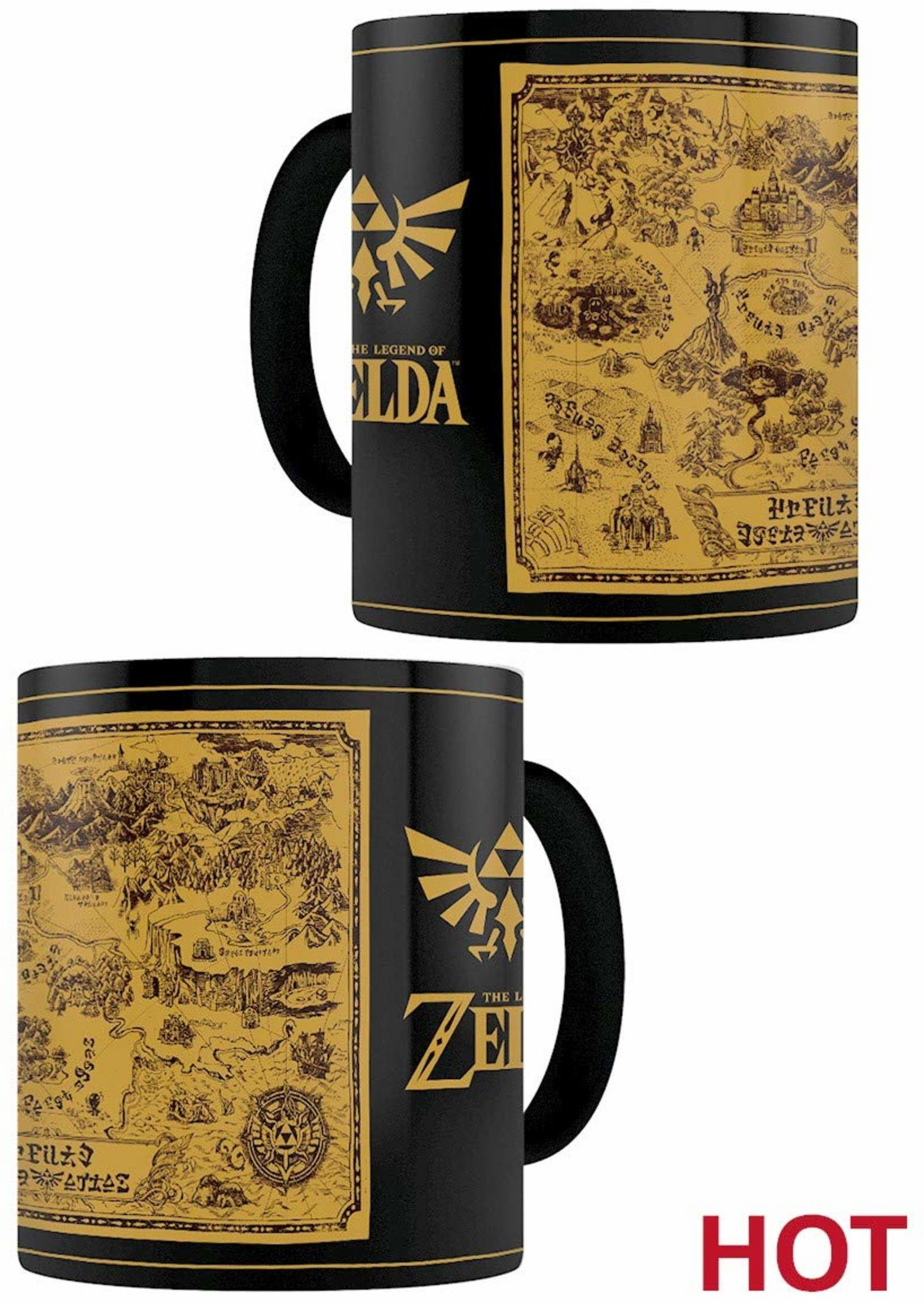 Taza negra con mapa dorado de Hyrule y símbolo Trifuerza.