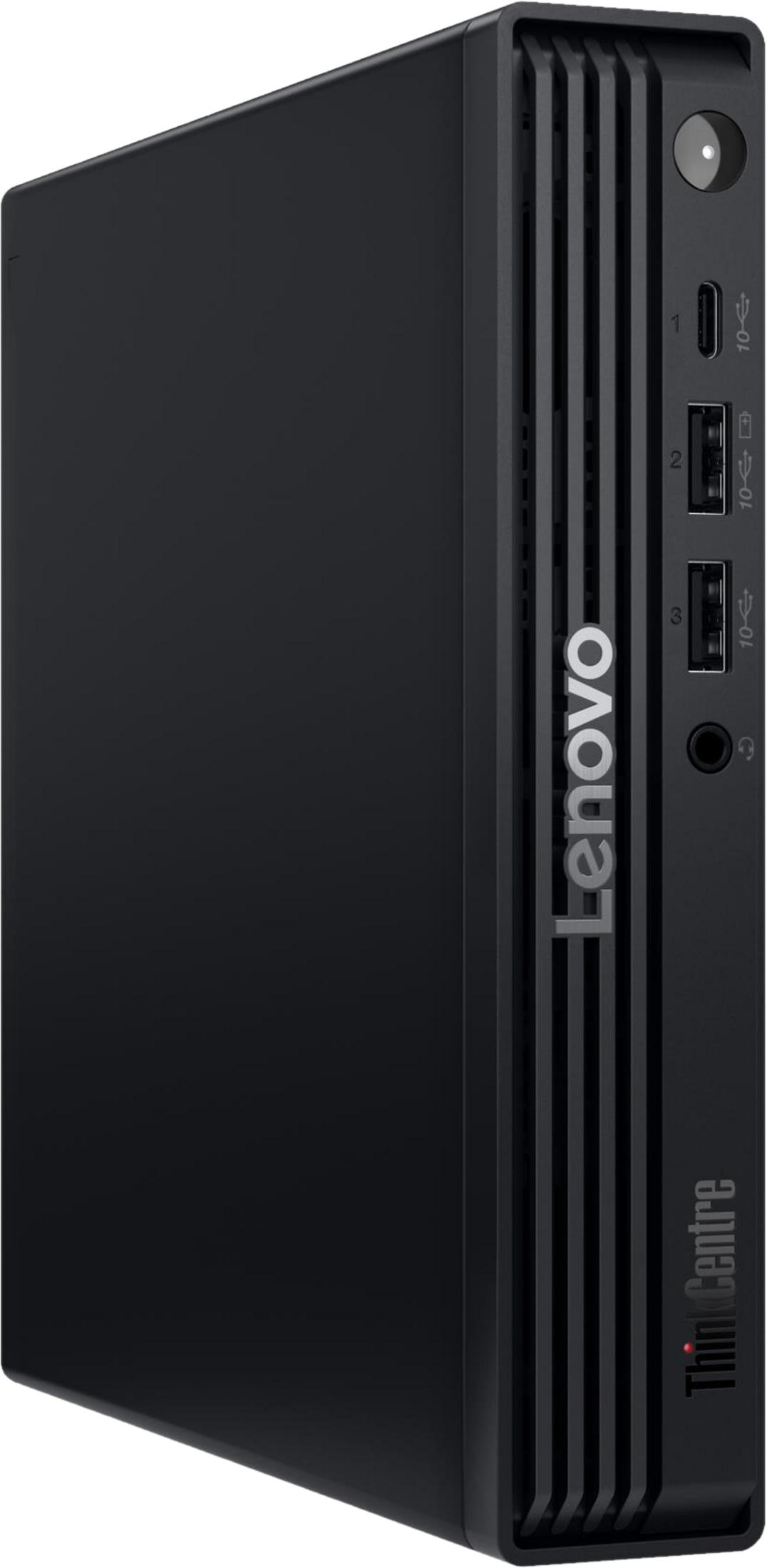 Mini PC Lenovo ThinkCentre nero con porte e fessure di ventilazione.