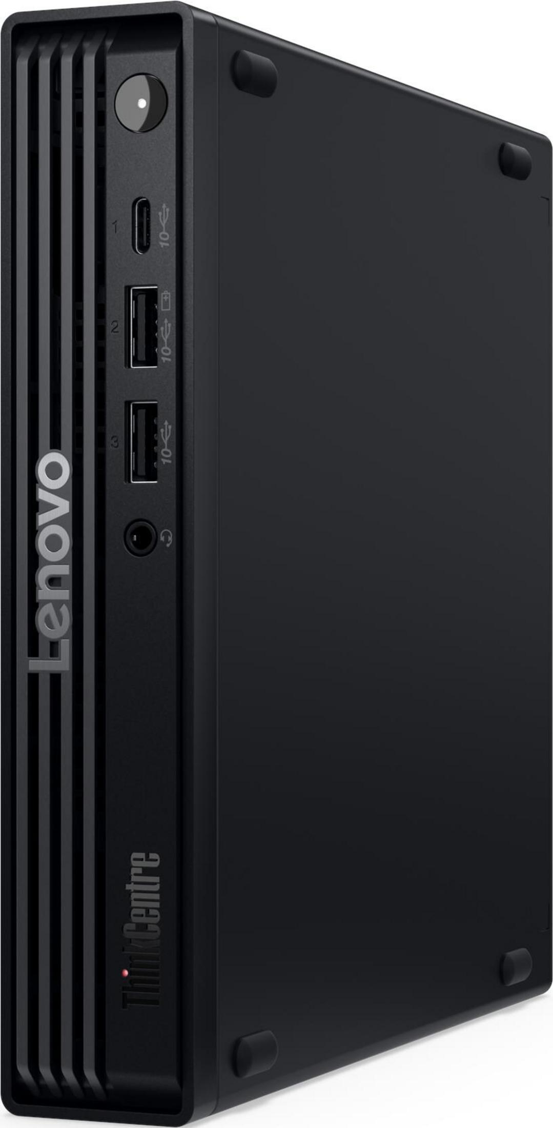 Mini PC Lenovo ThinkCentre nero con porte USB e fessure di ventilazione.