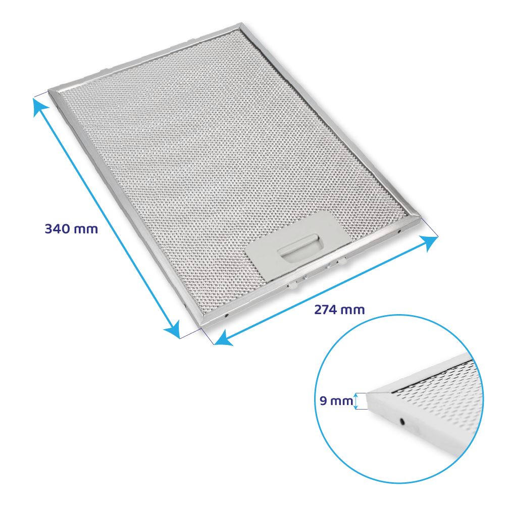 Un filtro argento per cappa da 340 mm x 274 mm con spessore 9 mm.