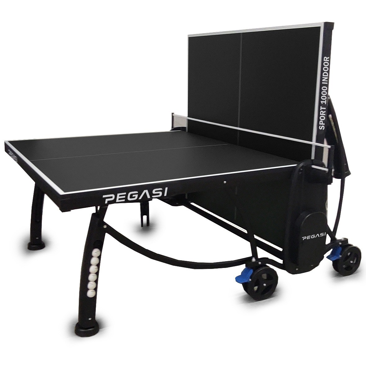Black indoor ping pong table with wheels and net.