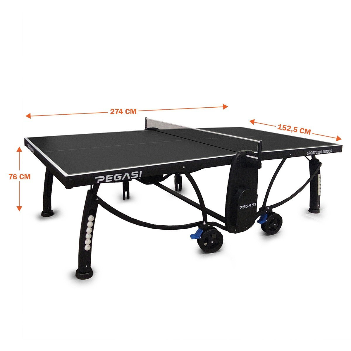 Black ping pong table with wheels and net. Dimensions: 274x152.5x76 cm.