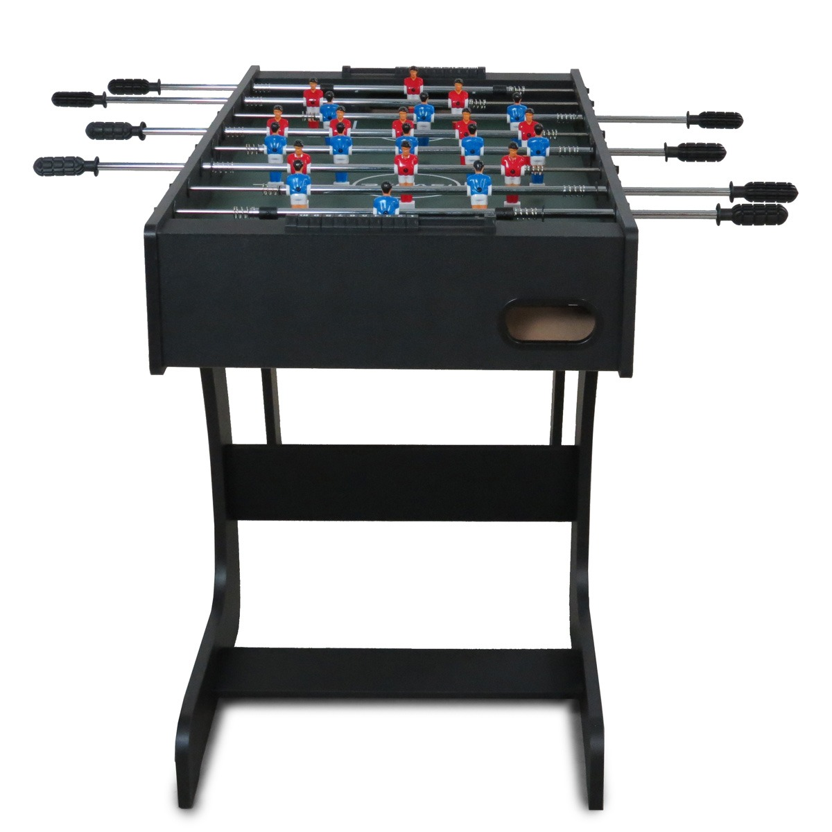 Een zwarte voetbaltafel met rode en blauwe spelersfiguren op stangen.