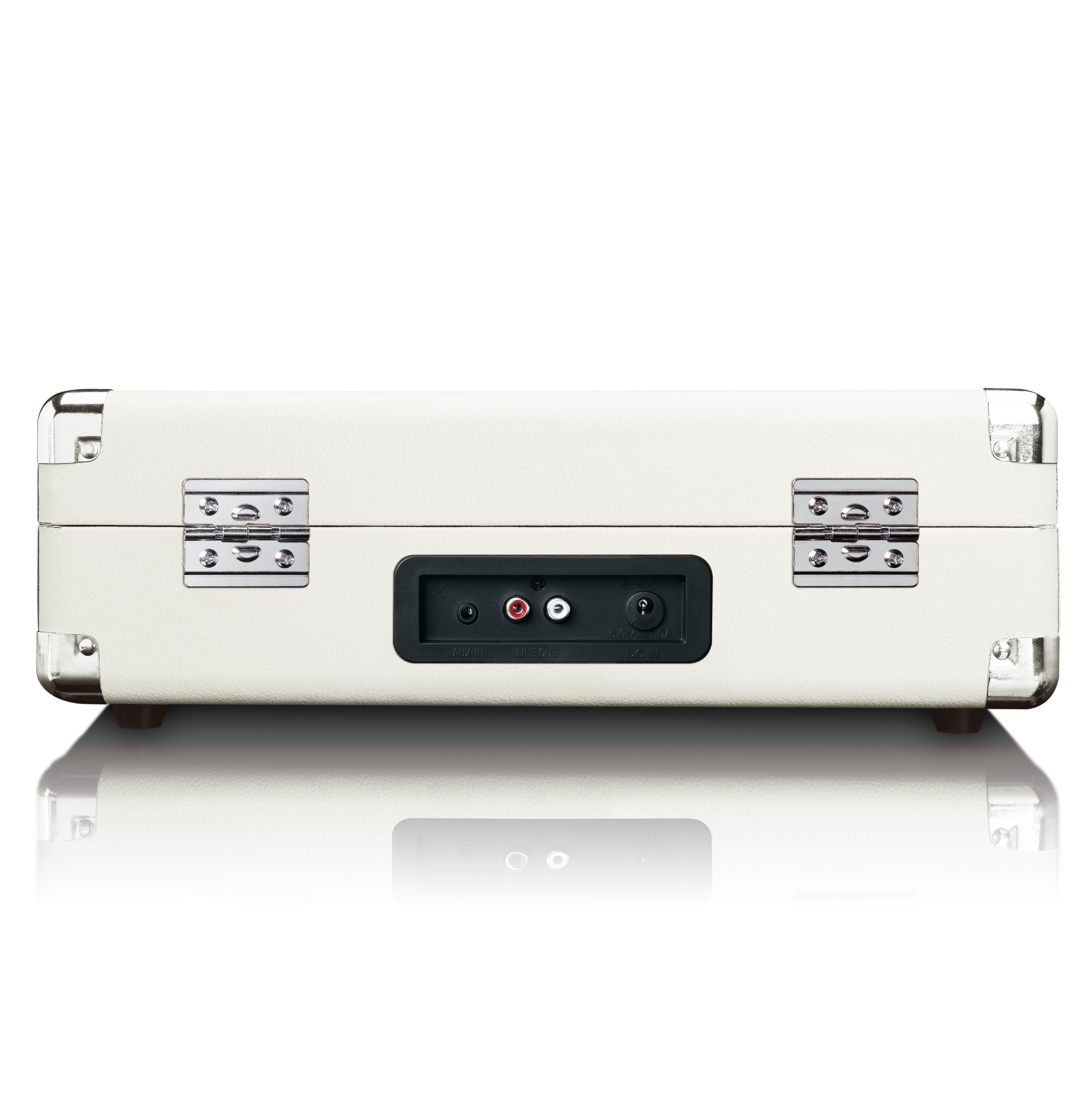 Back of a white record player showing AUX IN, LINE OUT, and DC IN ports.