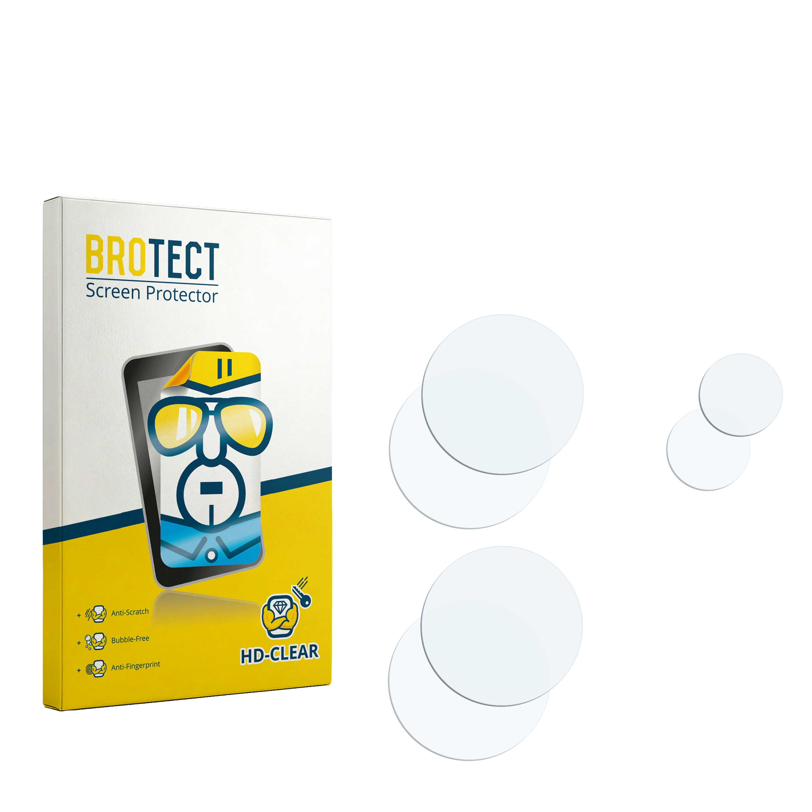 Verpackung für Displayschutzfolie mit runden Folien daneben.