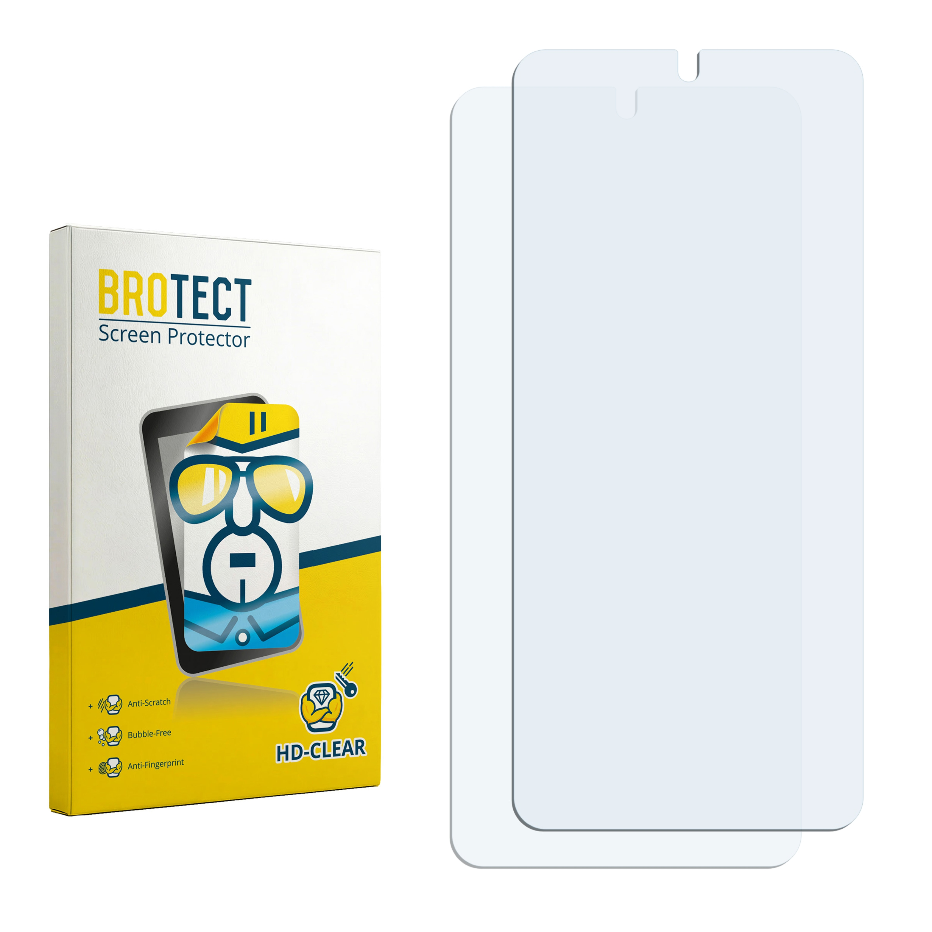 BROTECT Displayschutzfolie und Verpackung mit Beschreibung von Merkmalen.