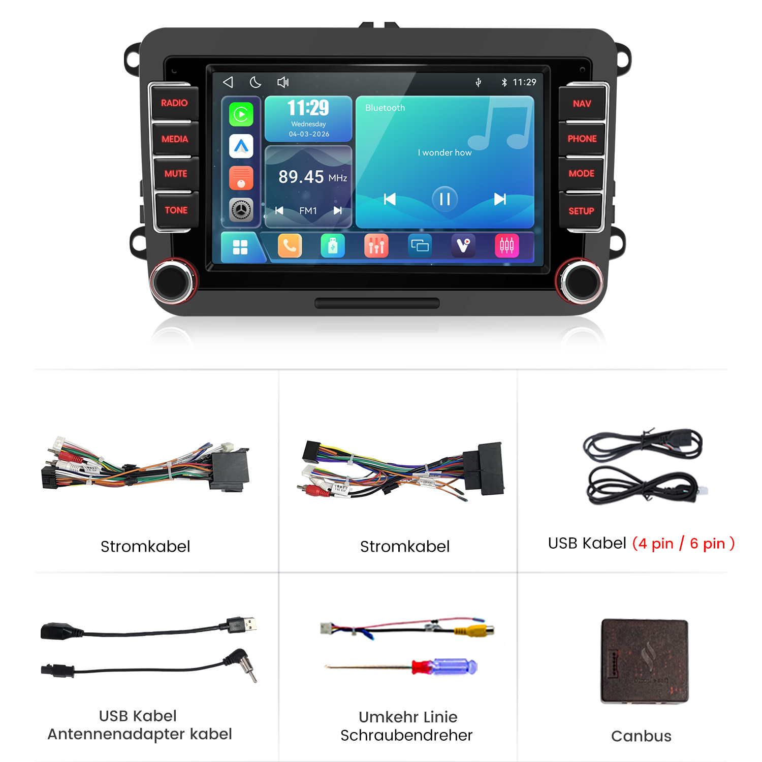 Autoradio mit Touchscreen und Zubehör: Kabel, USB-Adapter, Schraubendreher und Canbus.