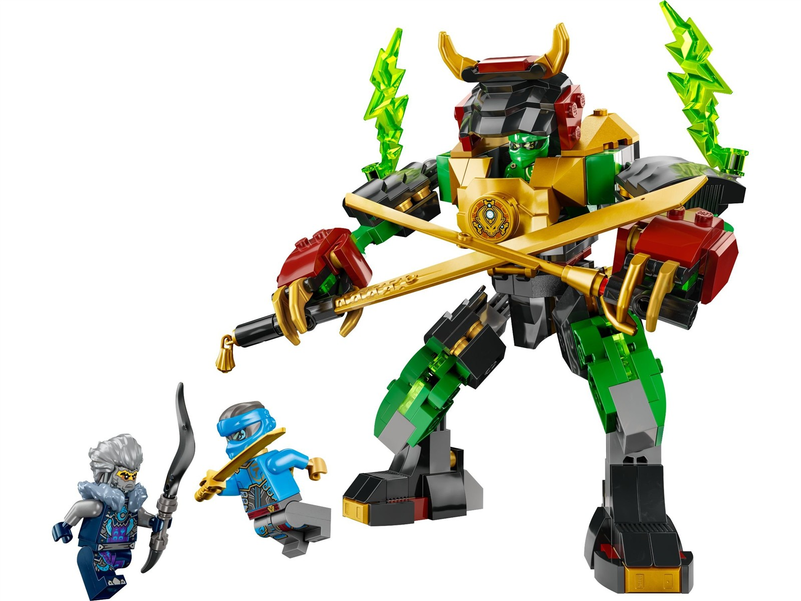 Ein großer grün-goldener Roboter mit Schwertern und zwei kleine Figuren mit Bogen und Schwert.