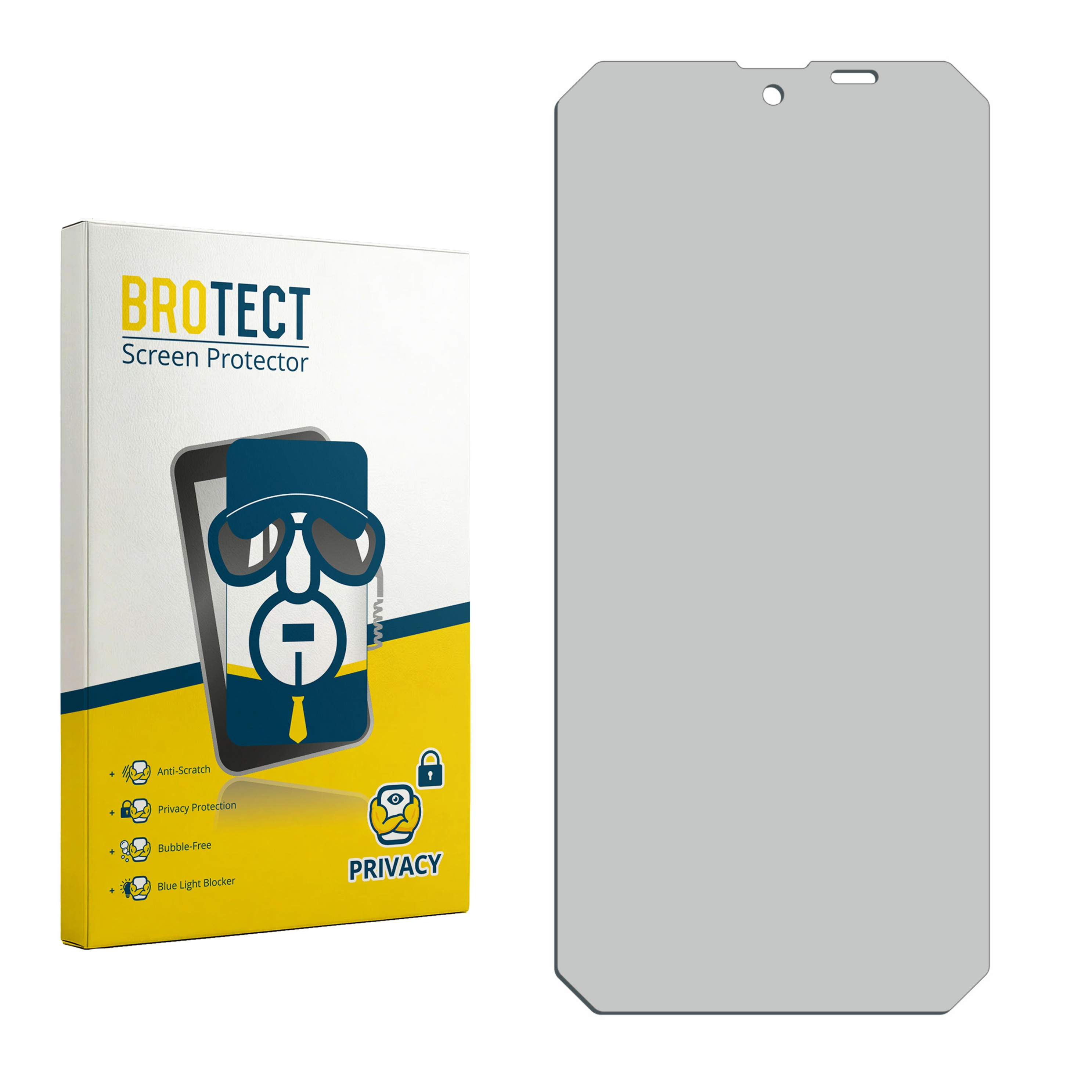 BROTECT Displayschutzfolie und Verpackung, mit Icons für Schutzfunktionen.