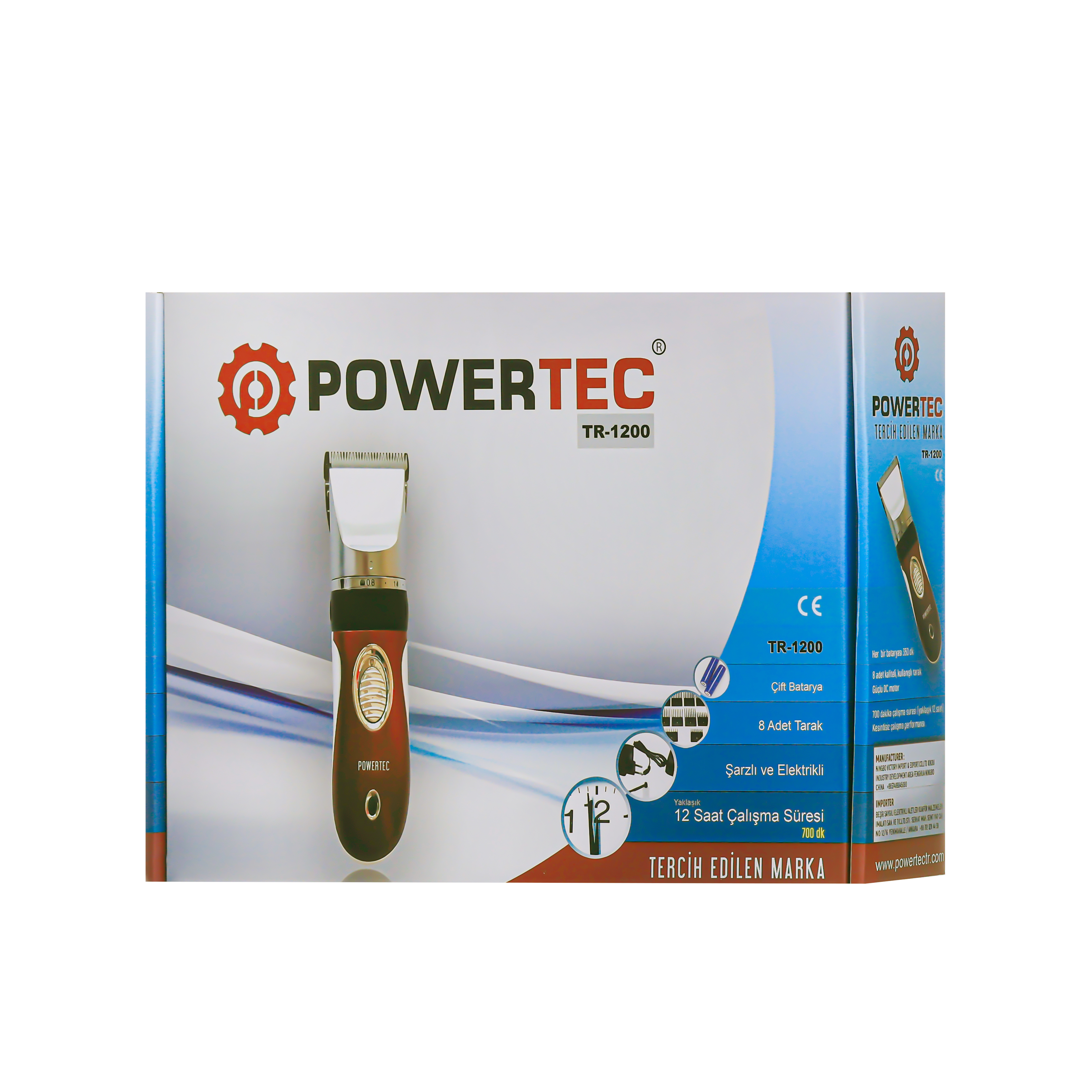 POWERTEC TR-1200 saç kesme makinesi kutusu, aksesuarlar ve detaylar.