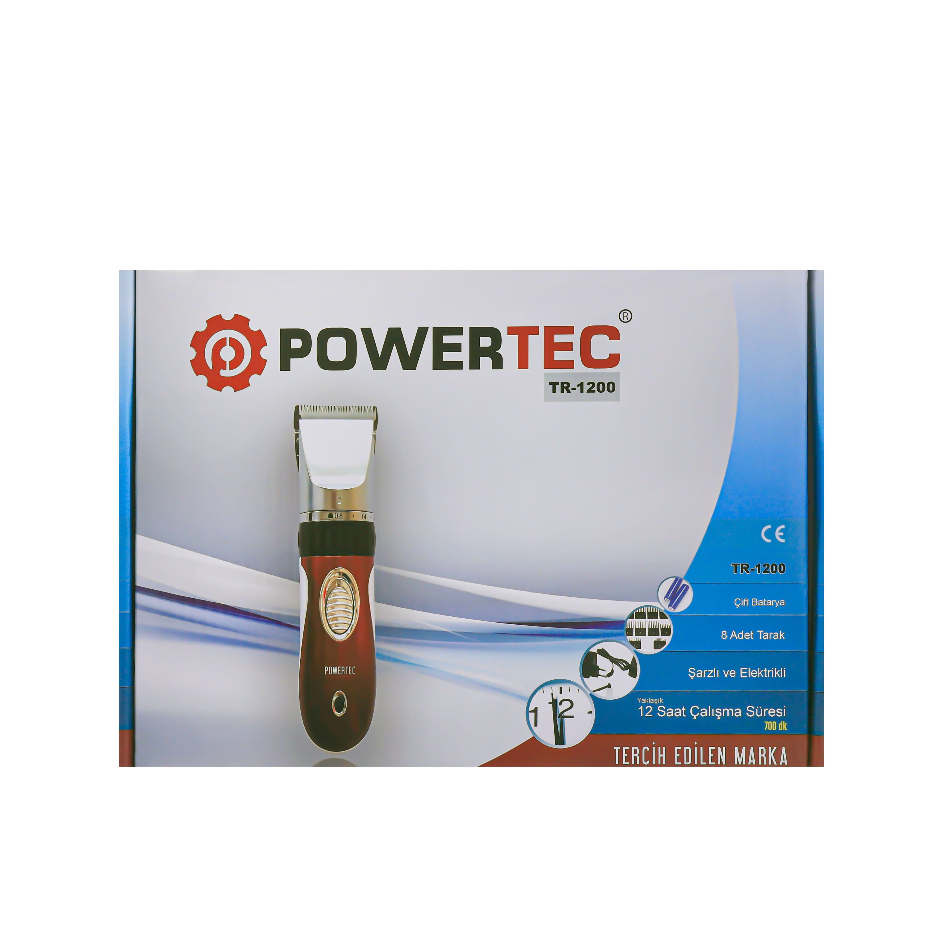 Powertec TR-1200 saç kesme makinesi: kablosuz, 2 pilli, 8 taraklı.