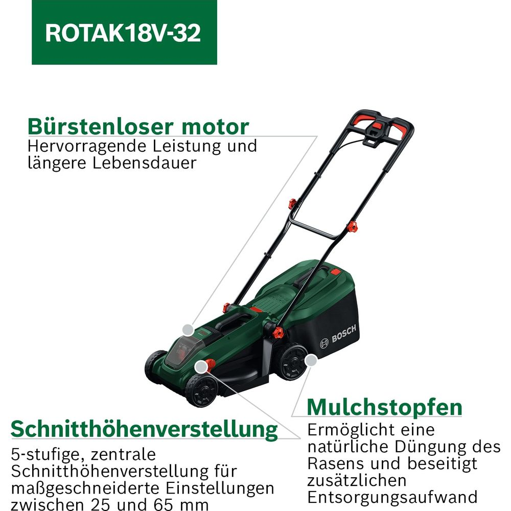 Ein grüner Bosch Rasenmäher mit dem Modellnamen ROTAK18V-32.