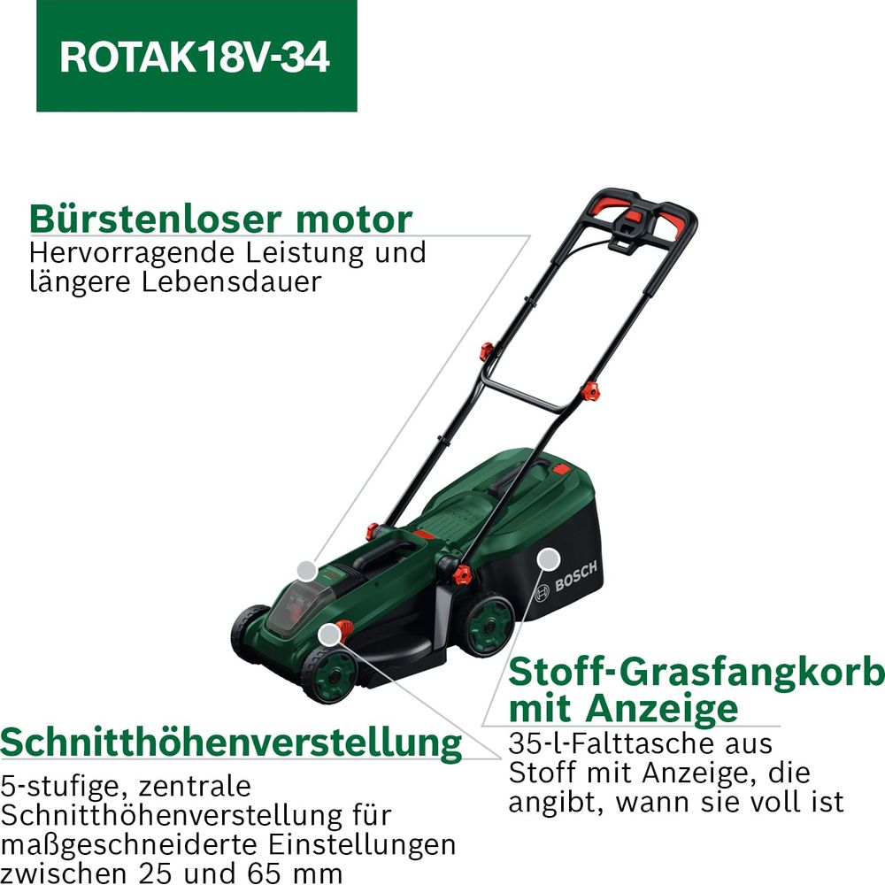 Un tosaerba Bosch verde con testo su motore, altezza di taglio e cesto raccoglierba.