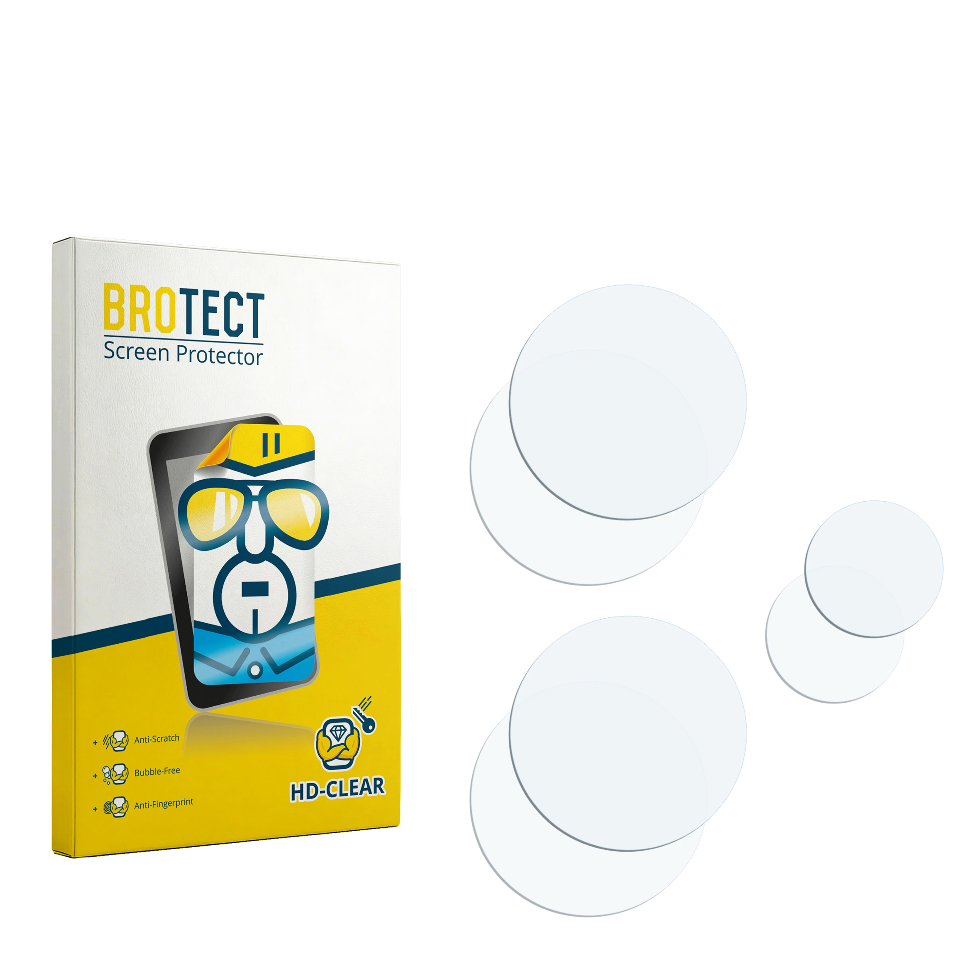 Verpackung für BROTECT Displayschutzfolie mit runden Folien daneben.