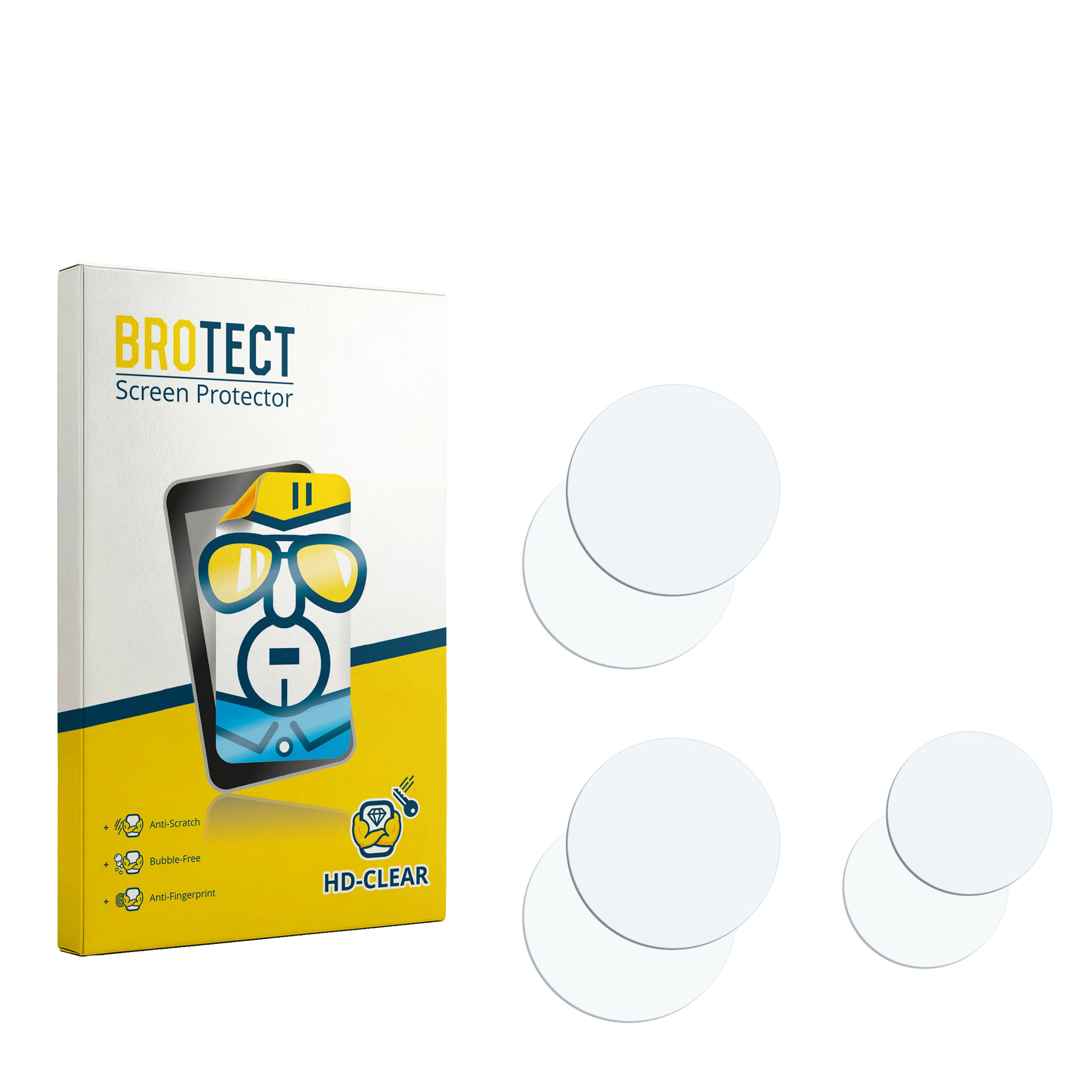 Verpackung für Displayschutzfolien mit drei runden Folien auf der rechten Seite.