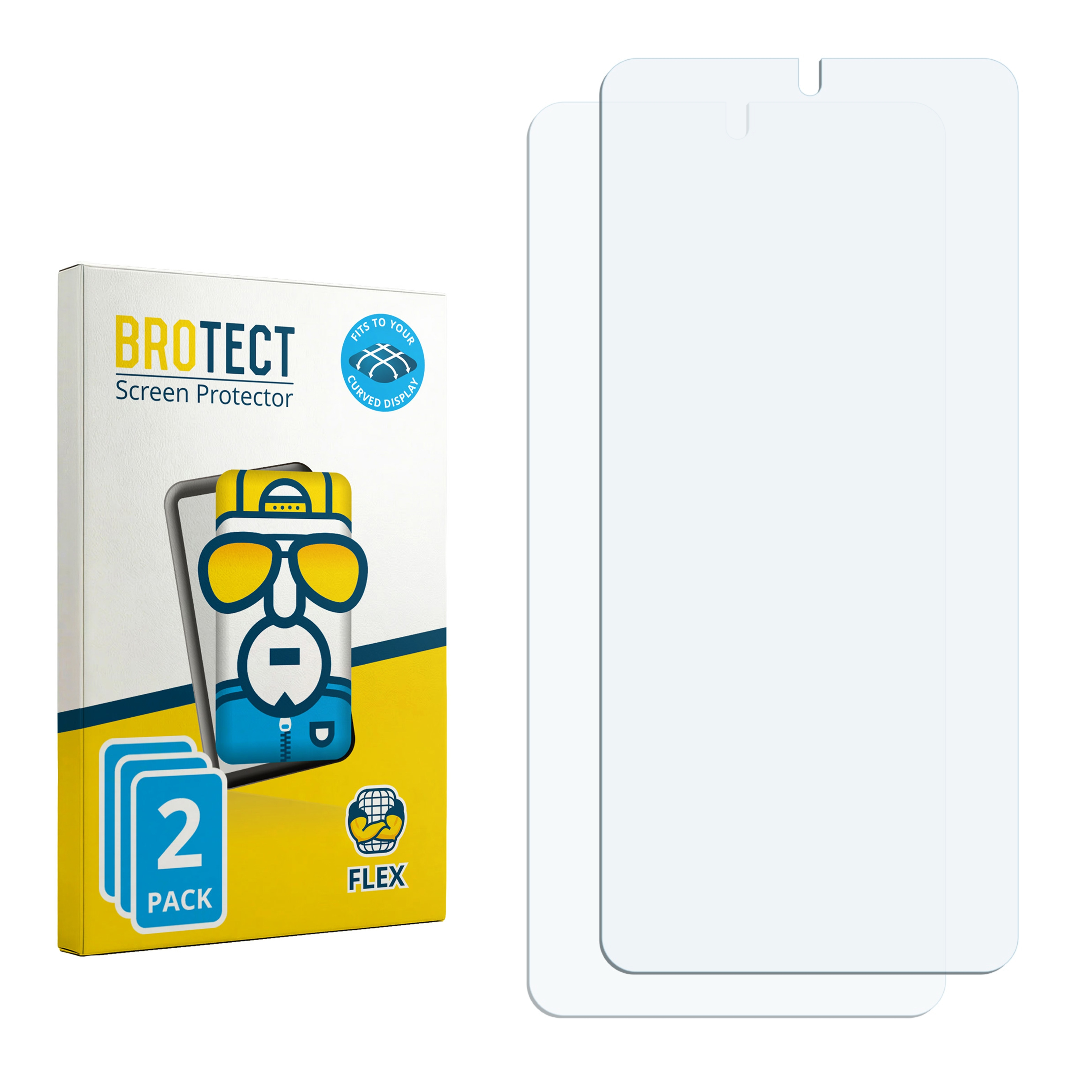 Zwei Displayschutzfolien mit Verpackung, die einen Cartoon mit Sonnenbrille zeigt.